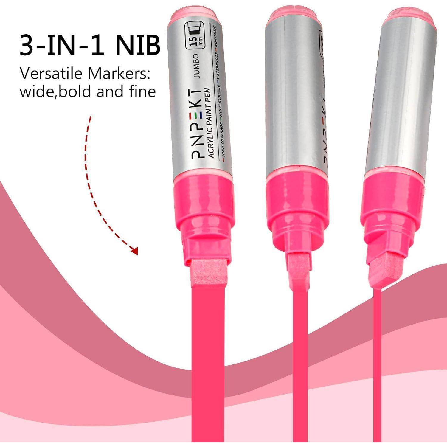 Produktgrafik mit drei rosa und silbernen 3-in-1-NIB-Acrylmalmarkern in breiten, fetten und feinen Spitzen, mit dem Text „3-IN-1 NIB vielseitige Marker: breit, fett und fein