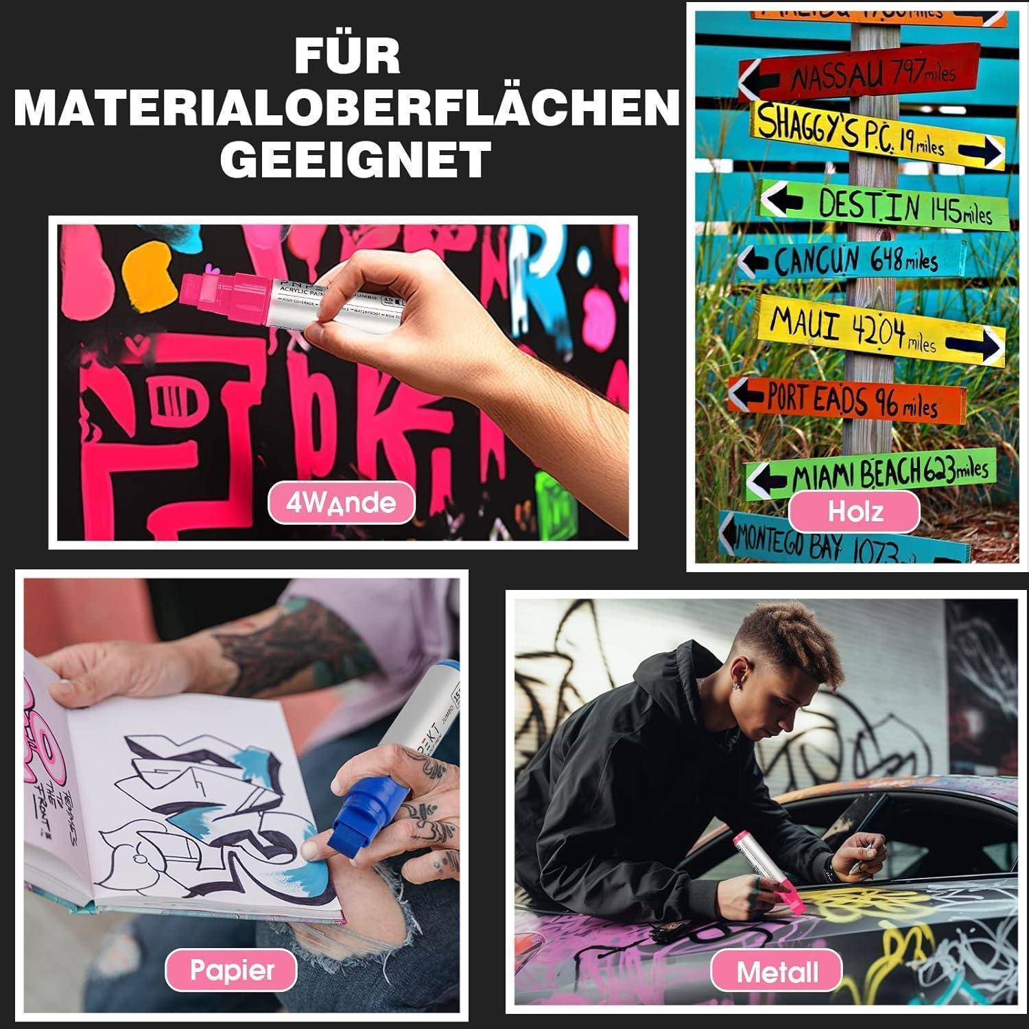 Collage zeigt einen Lackmarker auf vier Oberflächen: Wand, Holzschilder, Papier und Metallauto, beschriftet mit '4Wände', 'Holz', 'Papier' und 'Metall'; Überschrift besagt 'FÜR MATERIALOBERFLÄCHEN GEEIGNET'.