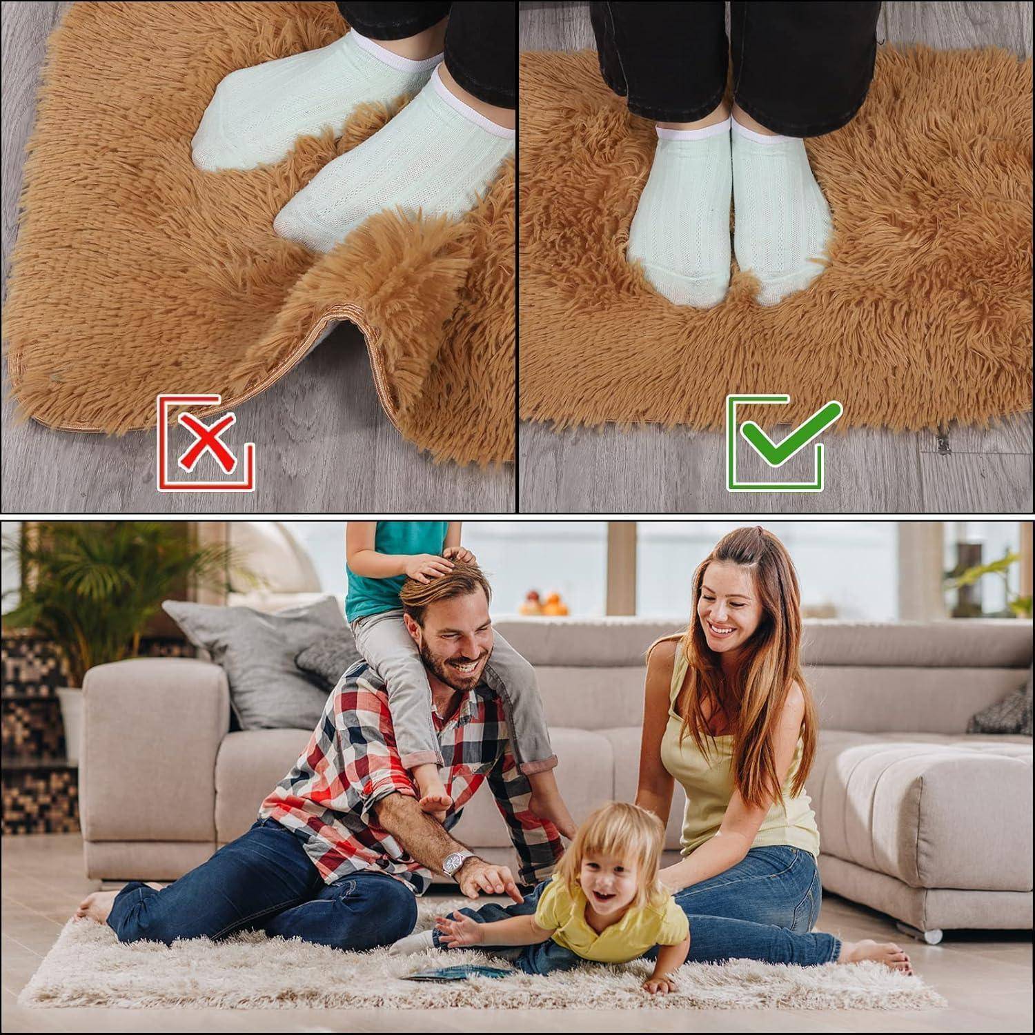 Oben: Socken auf einem Teppich, mit gekreuzten Füßen als falsch gekennzeichnet und zusammen stehenden Füßen als richtig gekennzeichnet. Unten: Lächelnde Familie, die auf dem Wohnzimmerboden spielt, mit einem Kind auf dem Teppich.