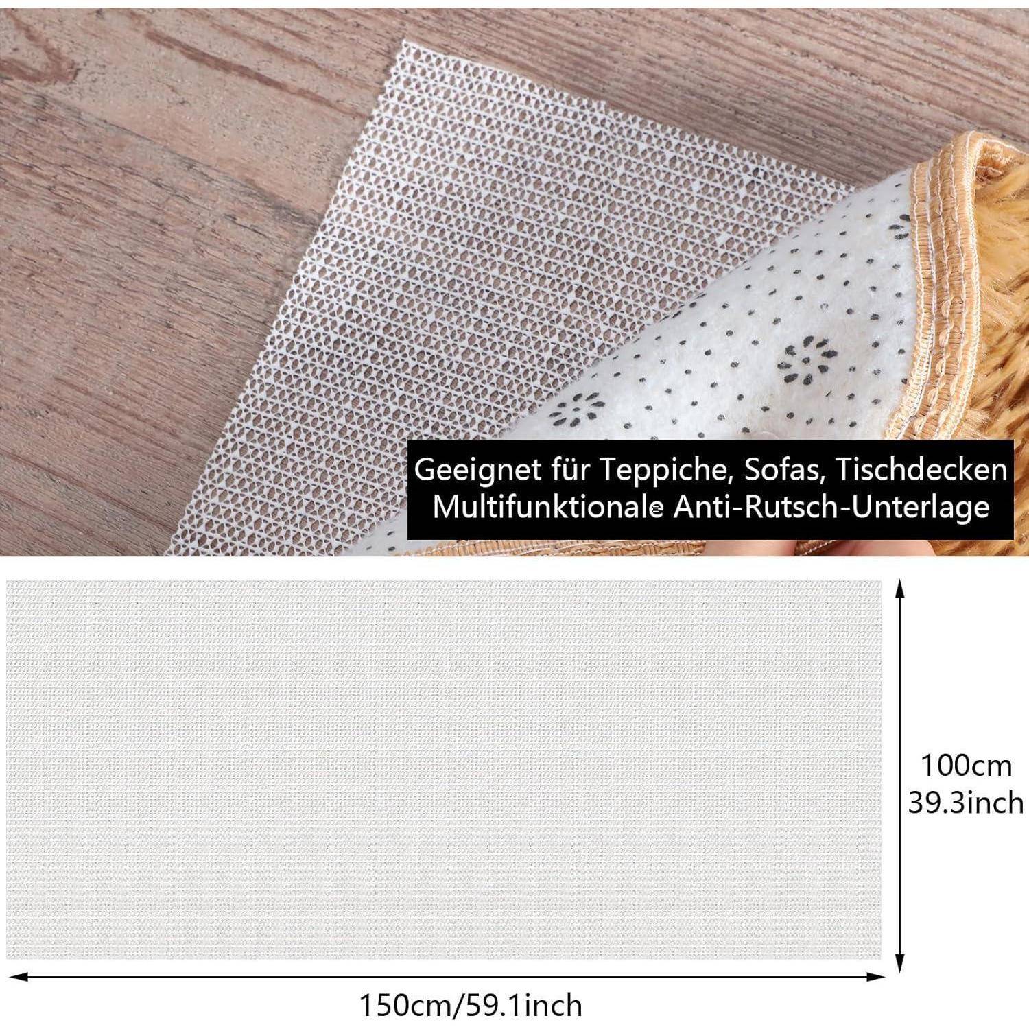 Produktfoto einer rechteckigen Antirutsch-Matte unter einem Teppich auf Holzboden, gekennzeichnet auf Deutsch als geeignet für Teppiche, Sofas und Tischdecken; Größe 150 cm x 100 cm.