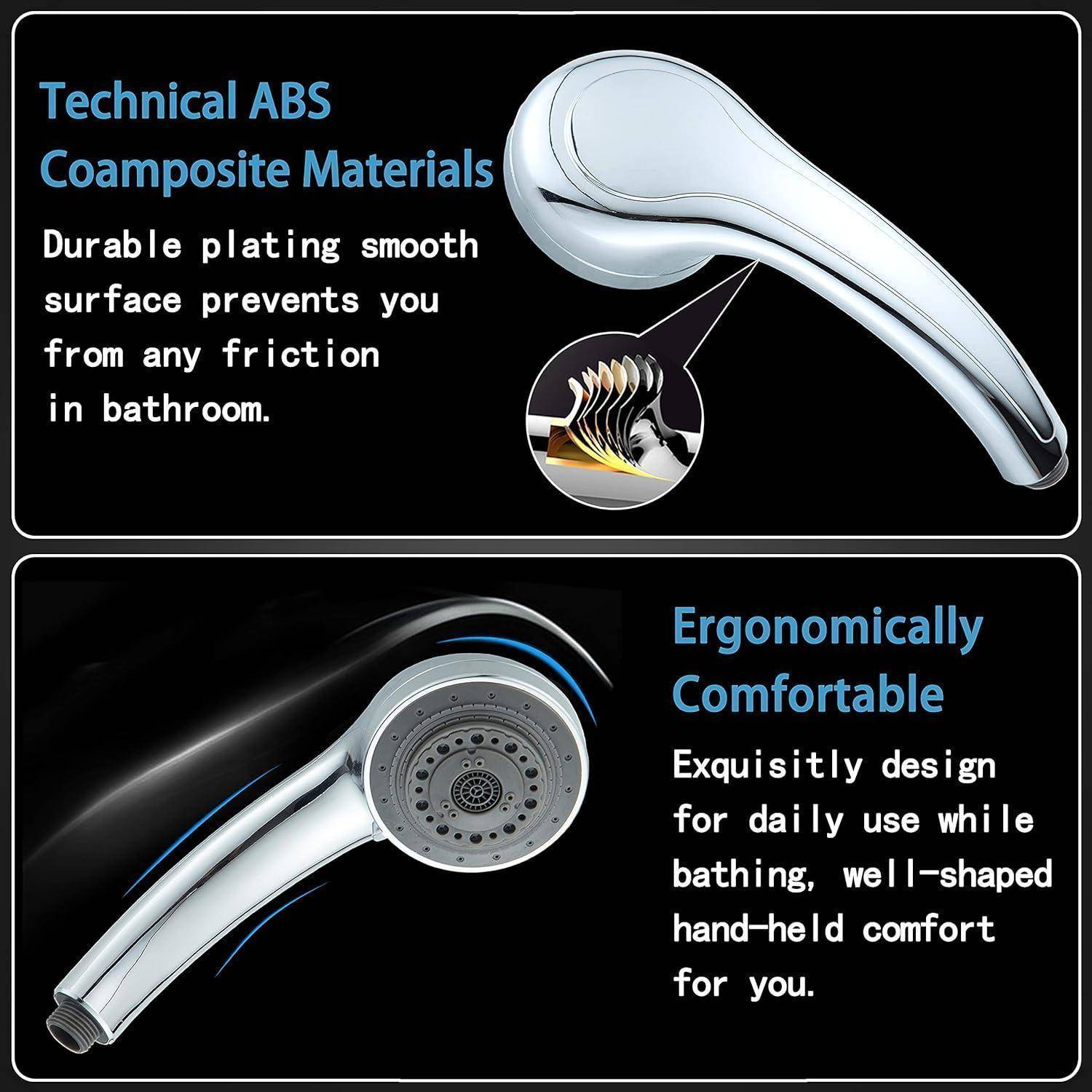 Werbebild eines silbernen tragbaren Duschkopfes aus technischem ABS-Verbundwerkstoff, der ein glattes, langlebiges, ergonomisches Design und komfortable tägliche Nutzung hervorhebt.