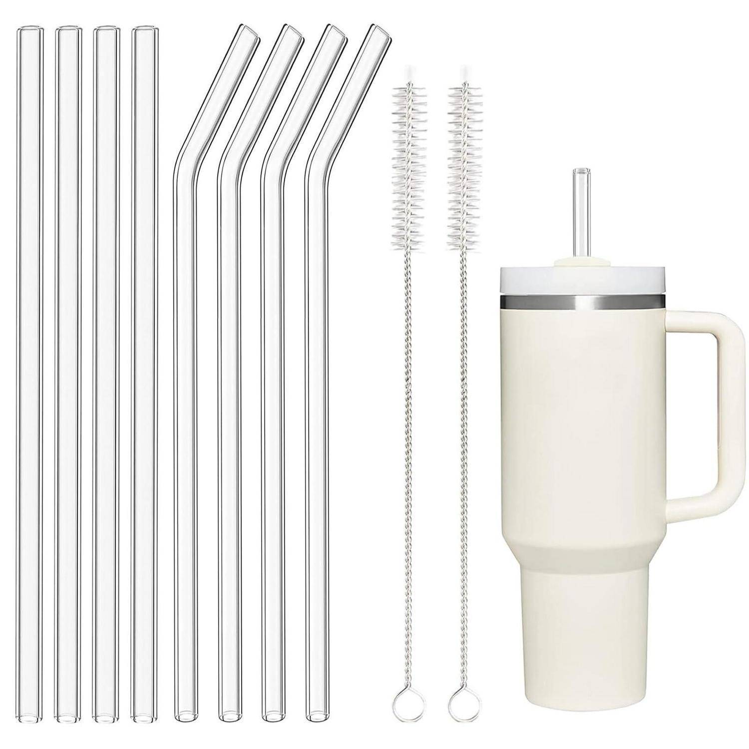 Wiederverwendbares Edelstahl-Strohhalm-Set mit geraden und gebogenen Strohhalmen, zwei Reinigungsbürsten und einem isolierten Becher im Tumbler-Stil mit Griff und Deckel mit Strohhalm-Öffnung