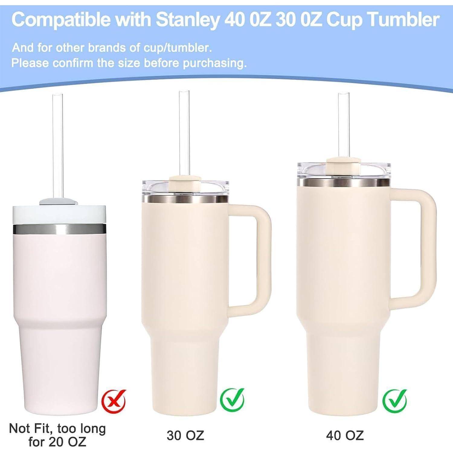 Kompatibilitätstabelle, die zeigt, dass eine Tassenabdeckung für Stanley-Becher mit 30 oz und 40 oz geeignet ist; 20-oz-Becher ist als nicht geeignet gekennzeichnet, weil er zu lang ist.