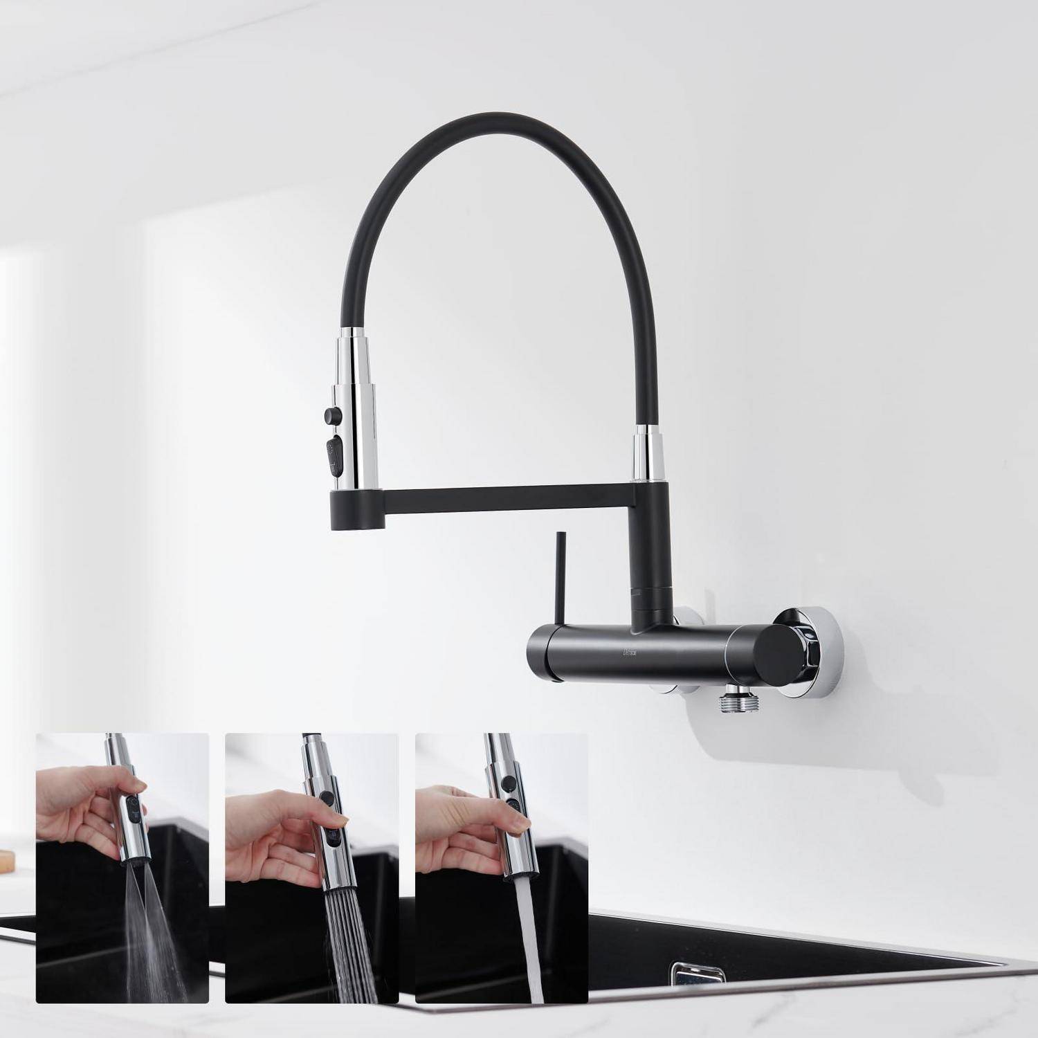 Schwarzer ausziehbarer Küchenarmatur mit flexiblem Schwanenhals in einem modernen Spülbecken, plus drei Ausschnittbilder, die Sprüh-, Strahl- und Klingenwassermodi demonstrieren.