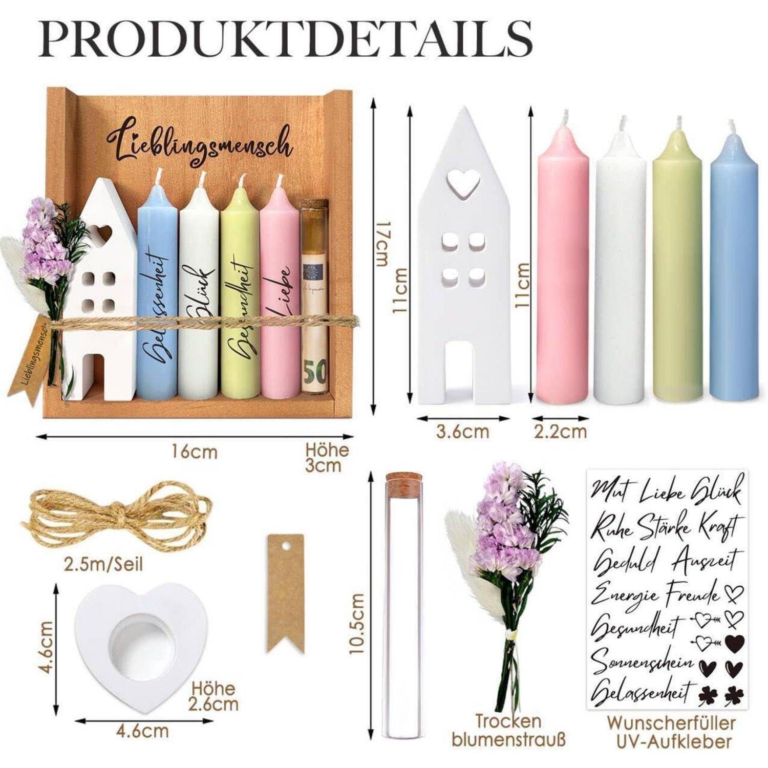 Produktdetail-Infografik, die eine Holzgeschenkbox mit fünf personalisierten Kerzen, einem Hausornament, einem Blumenzweig, einem Notiz-Anhänger, einem Seil und einem Glasfläschchen zeigt, mit gekennzeichneten Abmessungen.