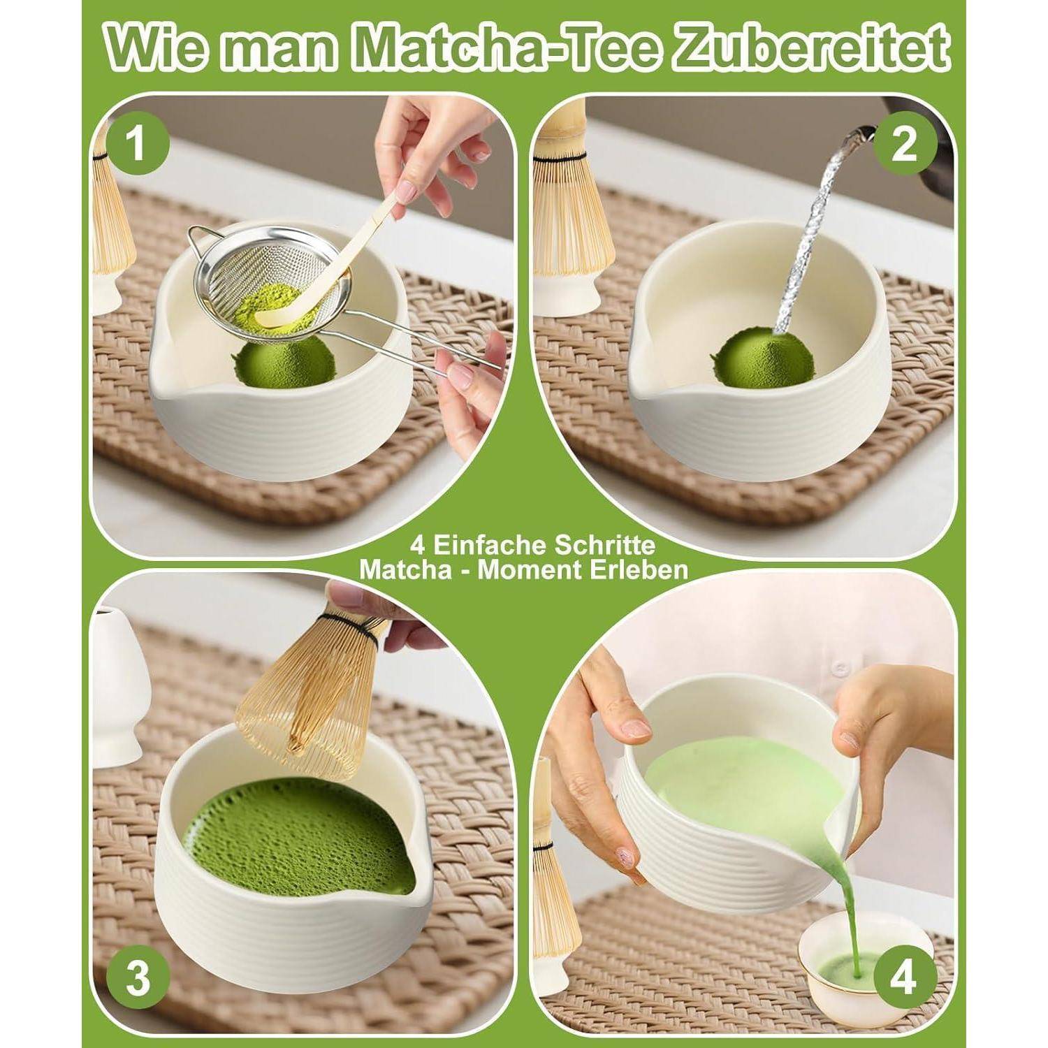 Infografik mit dem Titel „Wie man Matcha-Tee zubereitet