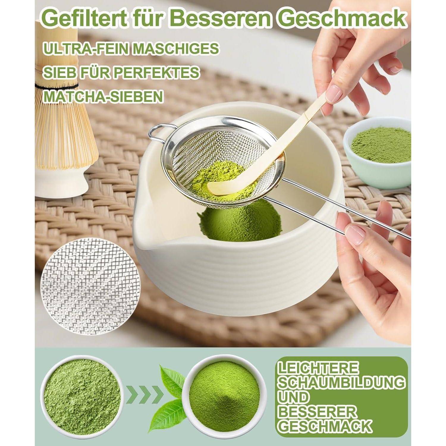 Werbebild eines feinen Matcha-Siebs über einer Schüssel mit deutschem Text, der behauptet „gefiltert für besseren Geschmack