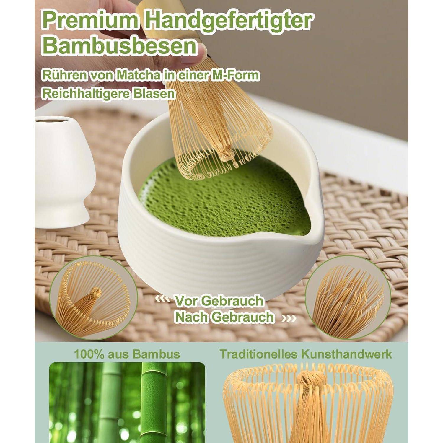 Werbebild eines handgefertigten Bambus-Matcha-Quasts in einer weißen Schale, das die Schaumbildung und vorher/nachher Anwendung zeigt, mit Hervorhebung des Bambusmaterials und der Handwerkskunst.