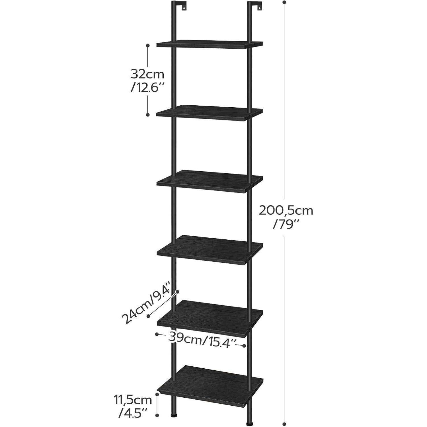 Schwarzes 6-teiliges Leiter-Bücherregal mit beschrifteten Abmessungen: 200,5 cm hoch, 39 cm breit, 24 cm tief; Regalabstand 32 cm, Bodenfreiheit 11,5 cm.
