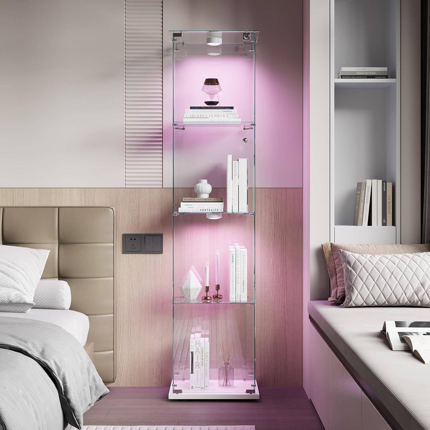 Glasvitrine Standvitrine,Glasvitrine Stehend mit Led,4 Lagen Glas Holz Glas Vitrine Vitrinenschrank 1 TüR und Schloss Vitrine Glasschrank Display
