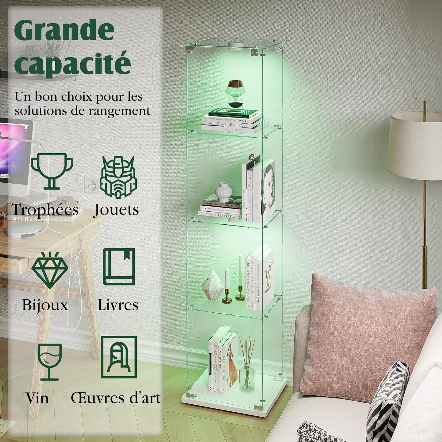 Glasvitrine Standvitrine,Glasvitrine Stehend mit Led,4 Lagen Glas Holz Glas Vitrine Vitrinenschrank 1 TüR und Schloss Vitrine Glasschrank Display