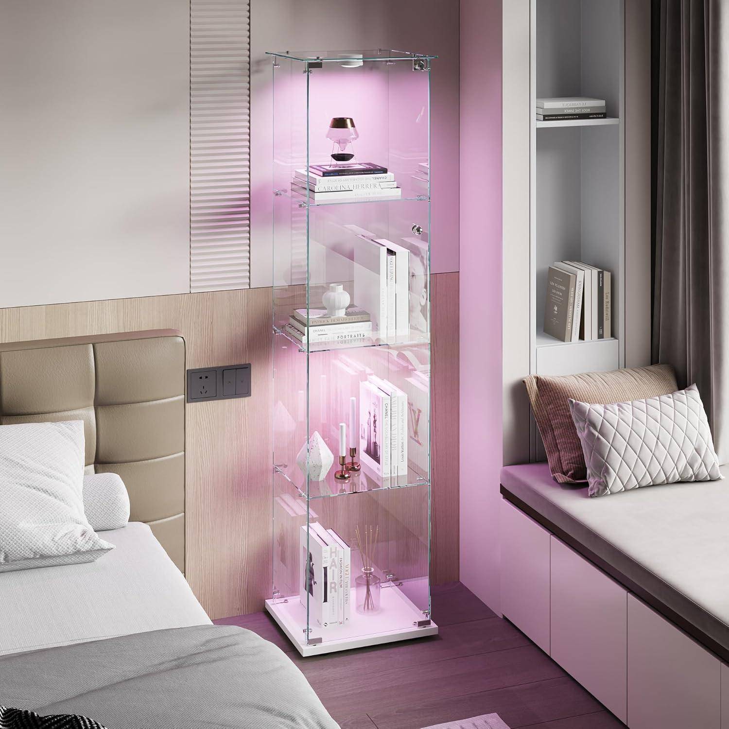 Glasvitrine Standvitrine,Glasvitrine Stehend mit Led,4 Lagen Glas Holz Glas Vitrine Vitrinenschrank 1 TüR und Schloss Vitrine Glasschrank Display