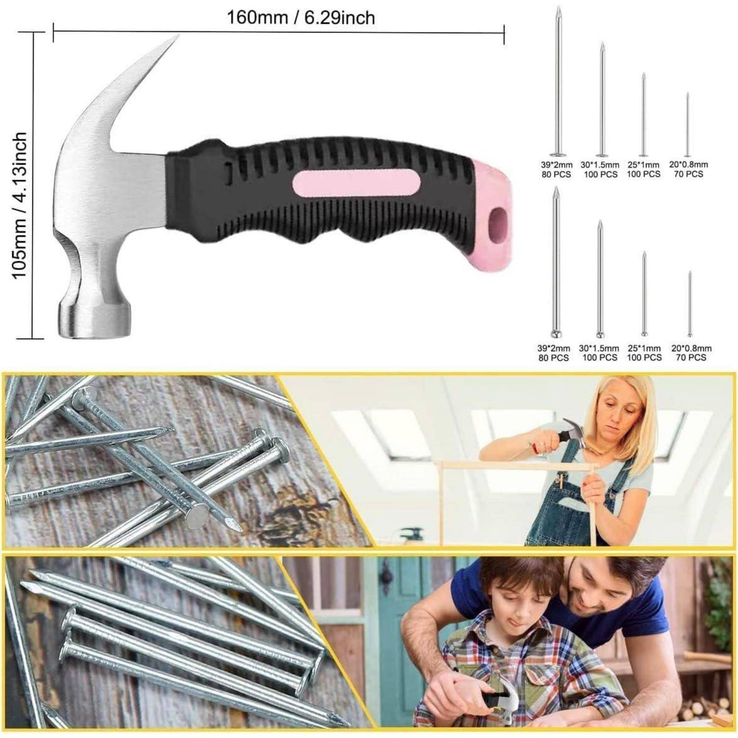 Produktabbildung eines Klauenhammers mit schwarzem und rosafarbenem Griff, Abmessungen von 160 mm x 105 mm dargestellt, plus verschiedene Nägel und Personen, die das Werkzeug verwenden.