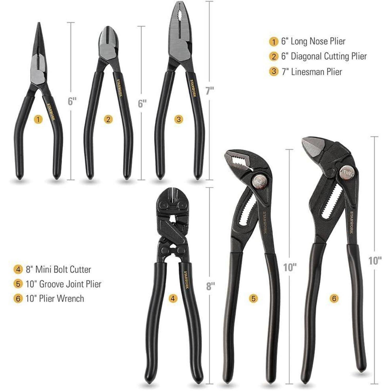 Sechs schwarze Handwerkzeuge mit Größenbeschriftungen: 6-Zoll-Spitzenzange, Seitenschneider, Kabelschere, 8-Zoll-Mini-Bolzenschneider, 10-Zoll-Wasserpumpenzange und 10-Zoll-Zangenschlüssel.