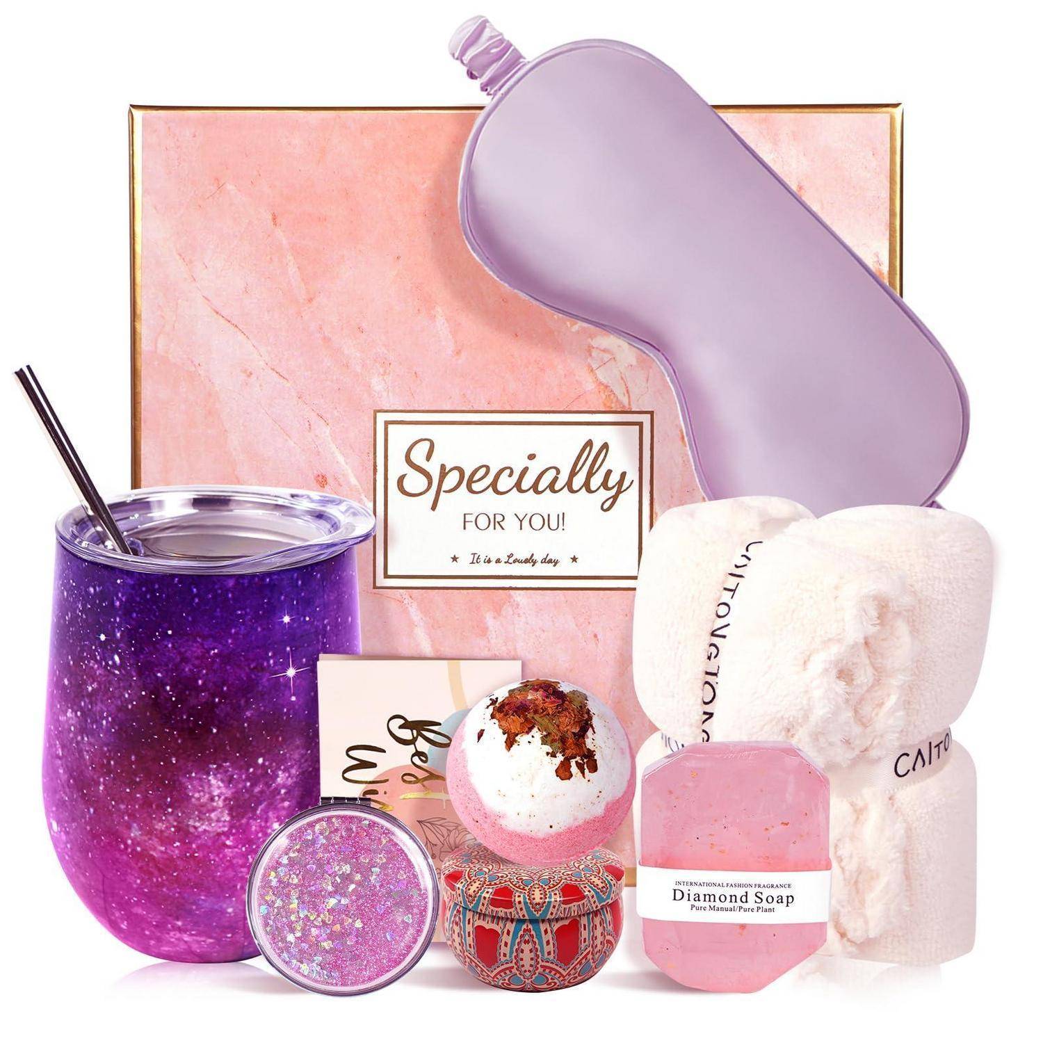 Rosa und violettes Selbstpflege-Geschenkset mit Tasse, Kissen, Seife, Badebombe und Glitzercontainer, mit der Aufschrift 