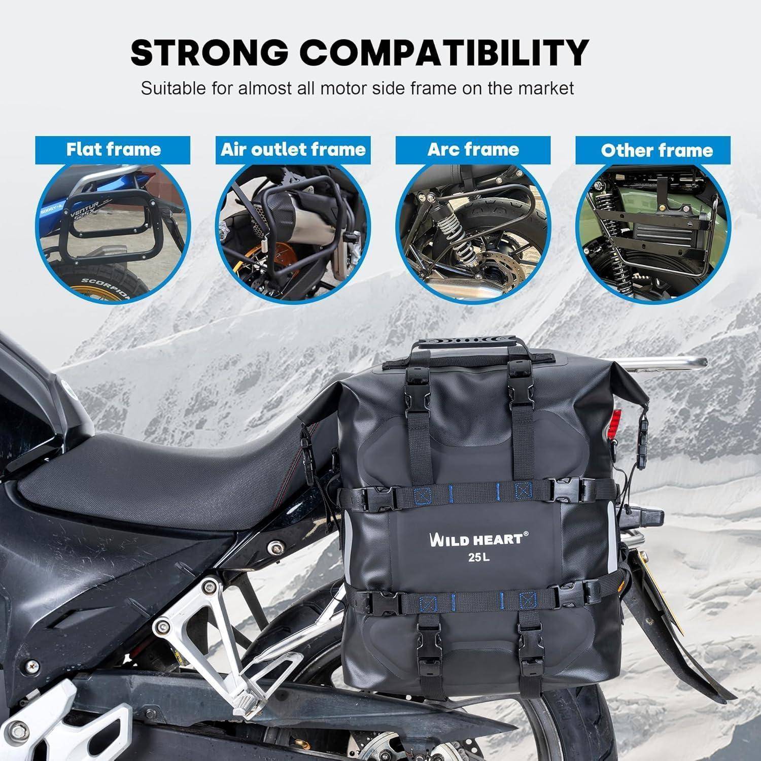 WILD HEART Motorrad Seitentasche Edelstahl Federung wasserdichte Tasche 20L/25L wasserdicht Pianner verschleißfest Allzweck-Bike-Zubehör (Schwarz TP