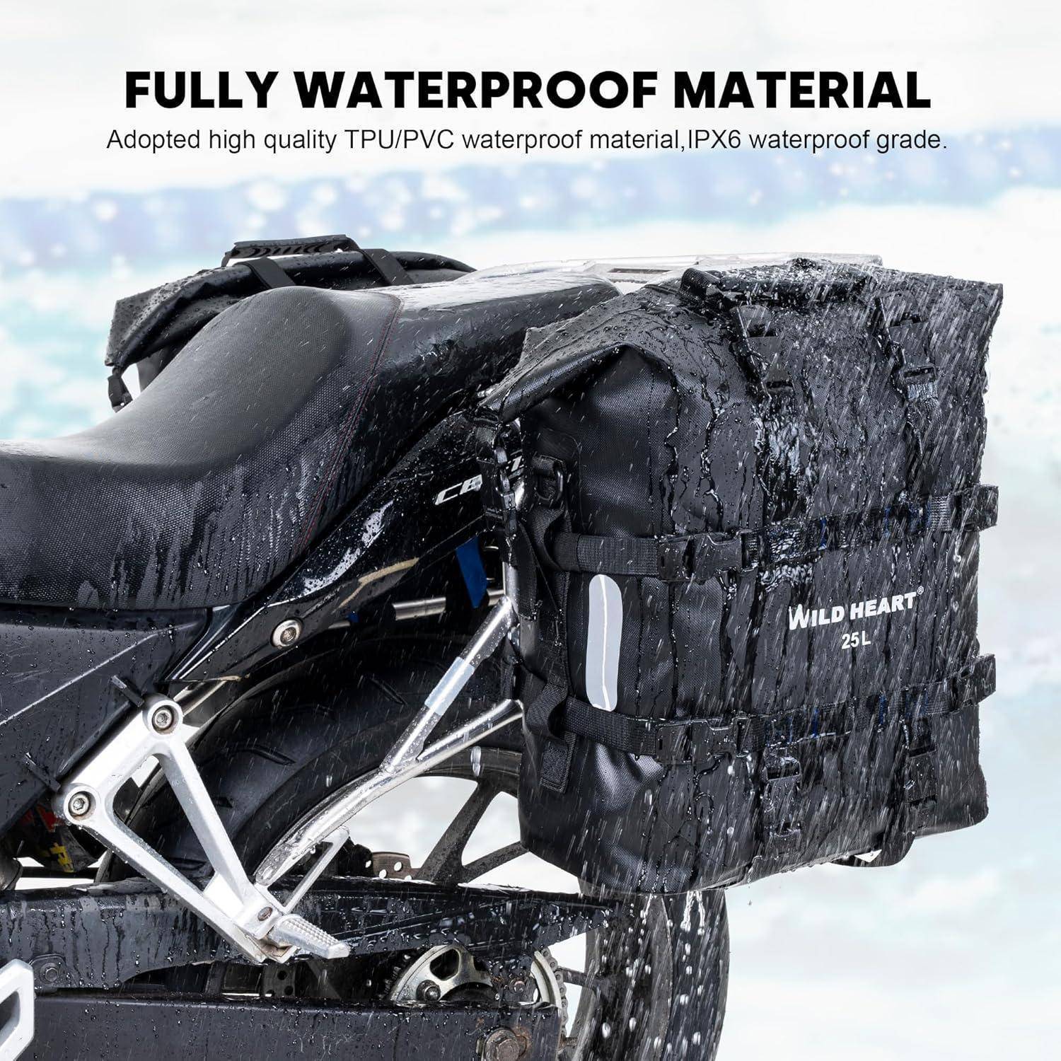 WILD HEART Motorrad Seitentasche Edelstahl Federung wasserdichte Tasche 20L/25L wasserdicht Pianner verschleißfest Allzweck-Bike-Zubehör (Schwarz TP