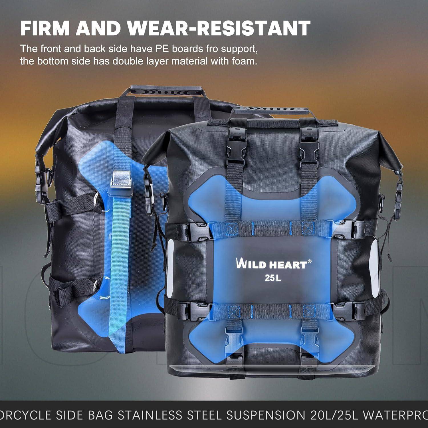 WILD HEART Motorrad Seitentasche Edelstahl Federung wasserdichte Tasche 20L/25L wasserdicht Pianner verschleißfest Allzweck-Bike-Zubehör (Schwarz TP