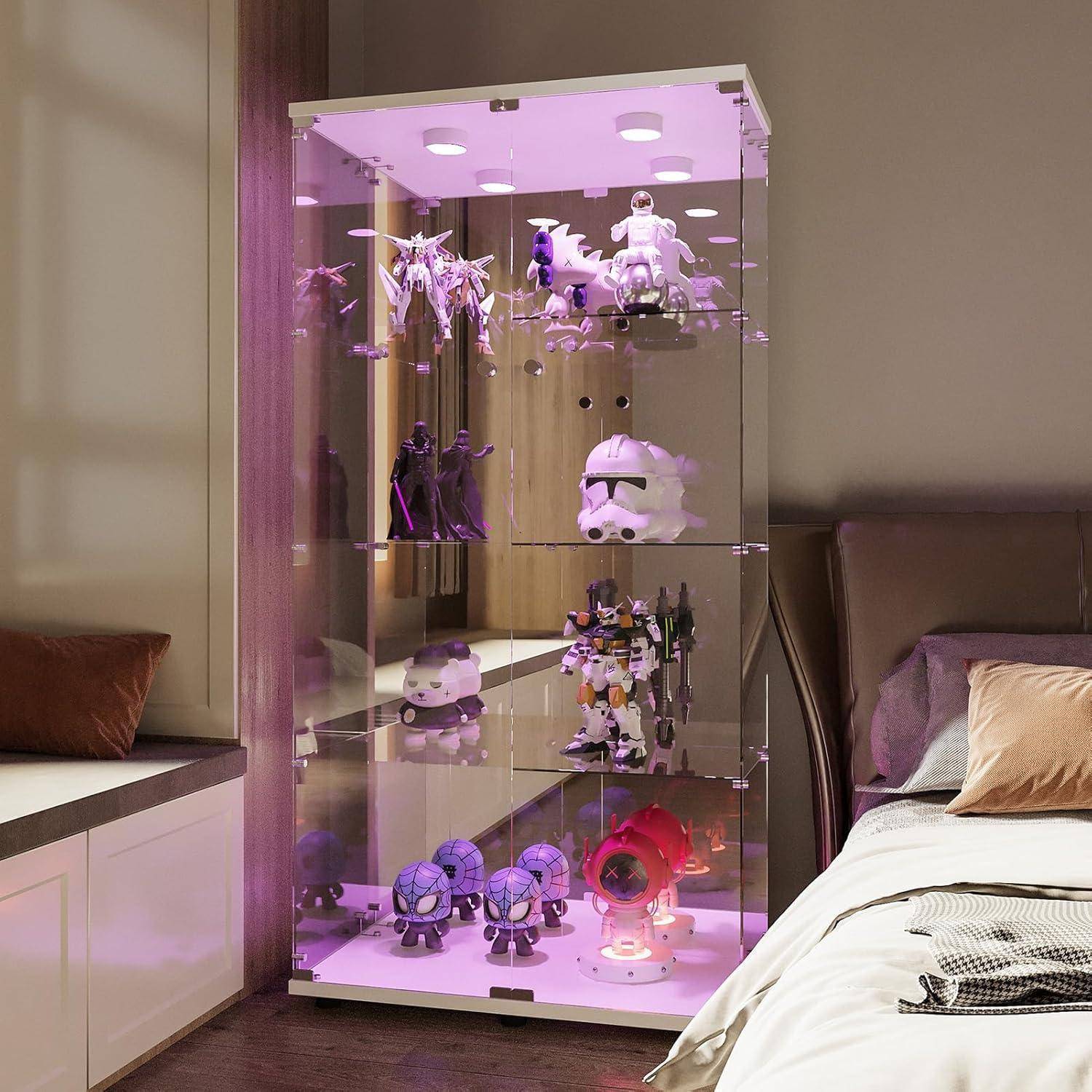 Sammlerschrank aus Glas, vierschichtig, Vitrine aus Glas mit 4 Einlegeböden und 2 Türen, mit LED-Beleuchtung, geeignet für Wohnzimmer, Schlafzimmer