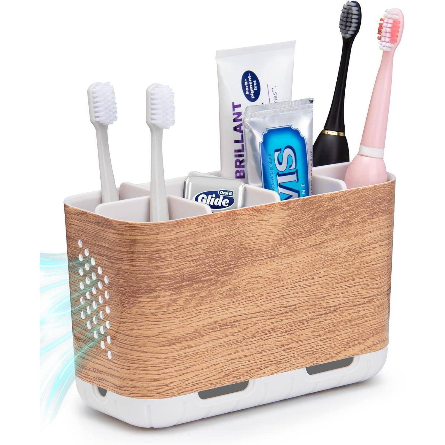Zahnbürstenhalter mit Holzoptik und Organizer mit vier Zahnbürsten, Zahnpasta, Zahnseide und Dentalartikeln in Fächern