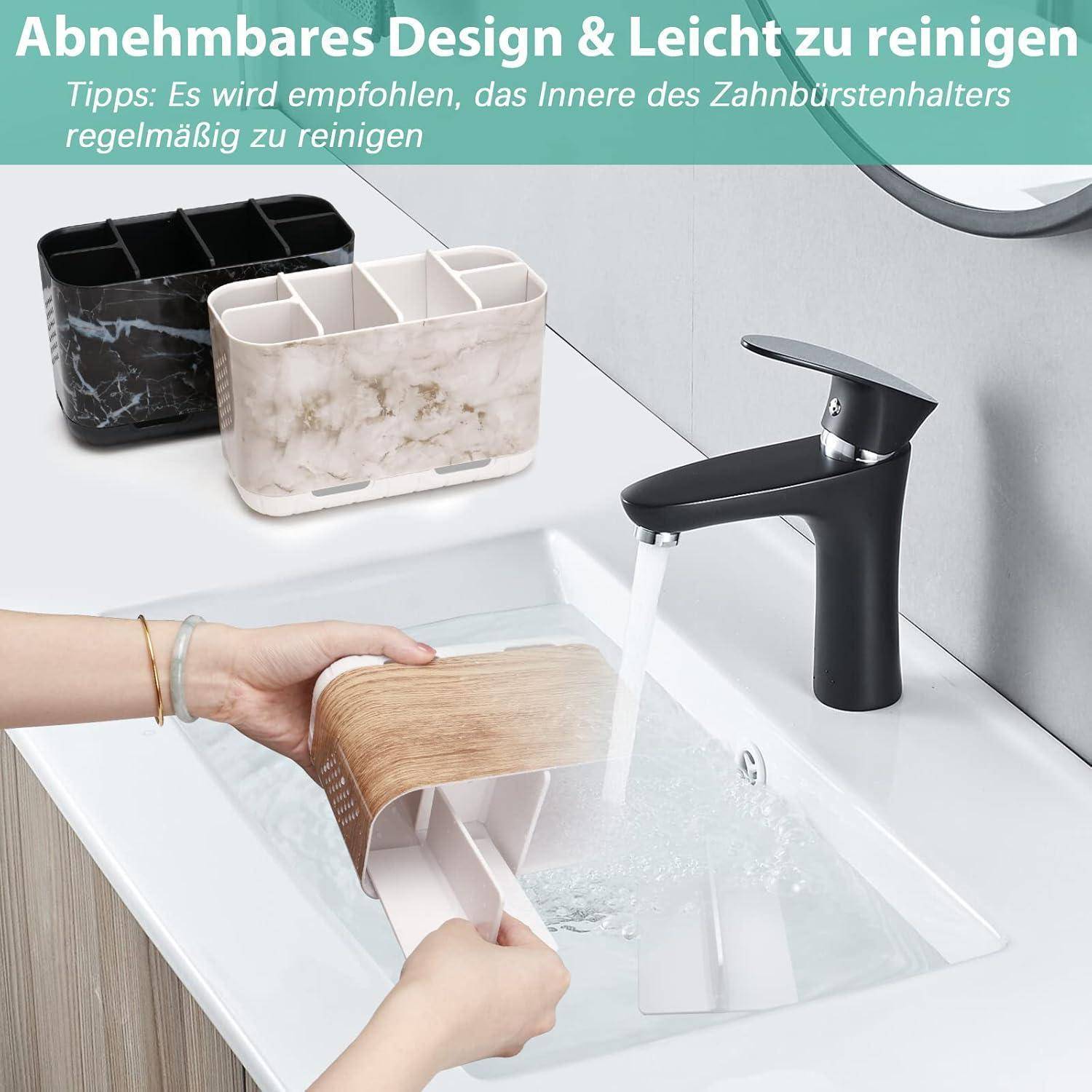 Hände waschen einen abnehmbaren Zahnbürstenhalter unter fließendem Wasser in einem Waschbecken; Text besagt „Abnehmbares Design & Leicht zu reinigen