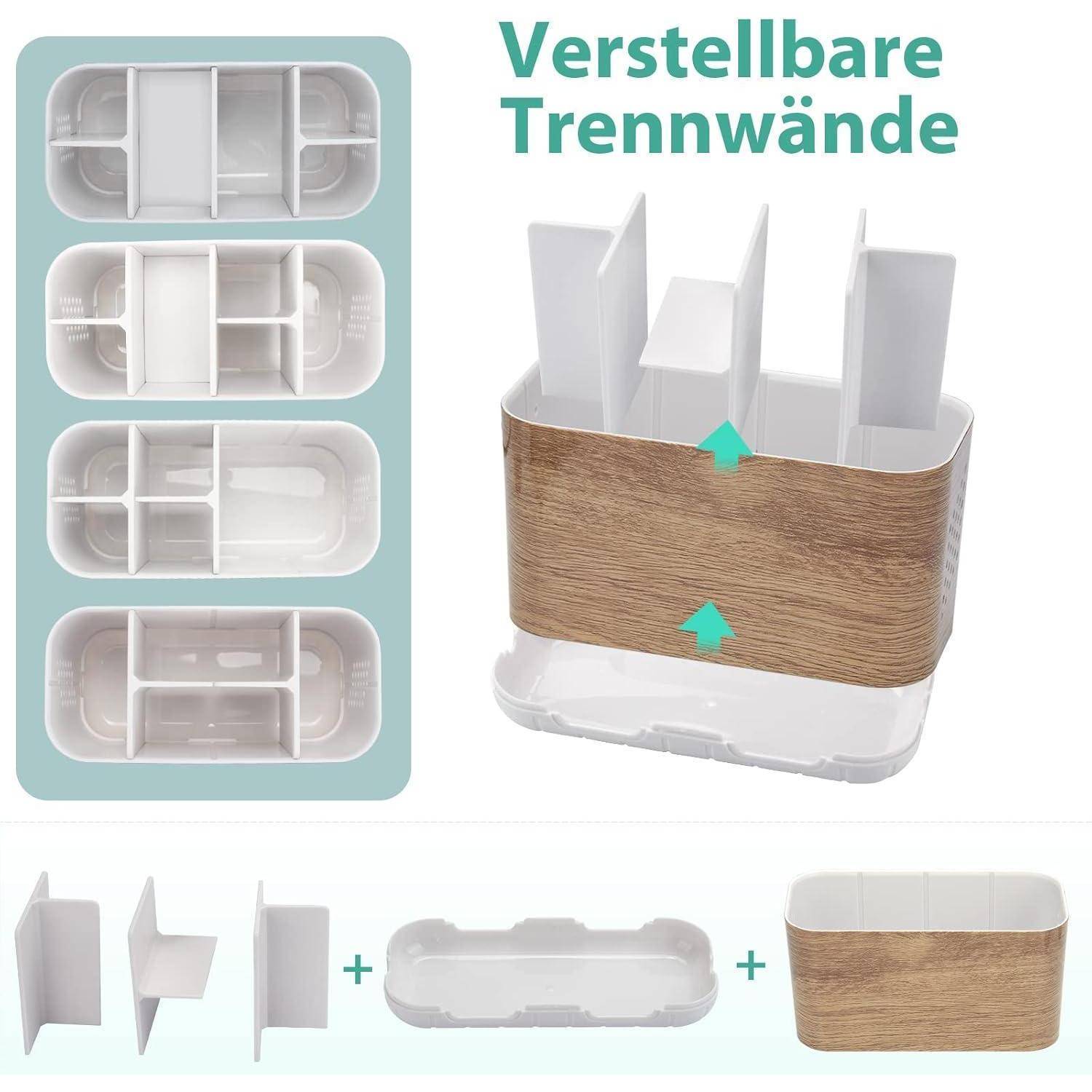 Diagramm eines Lagerbehälters mit verstellbaren Trennwänden, das vier Trennwandkonfigurationen und Montageteile für anpassbare Fächer zeigt.