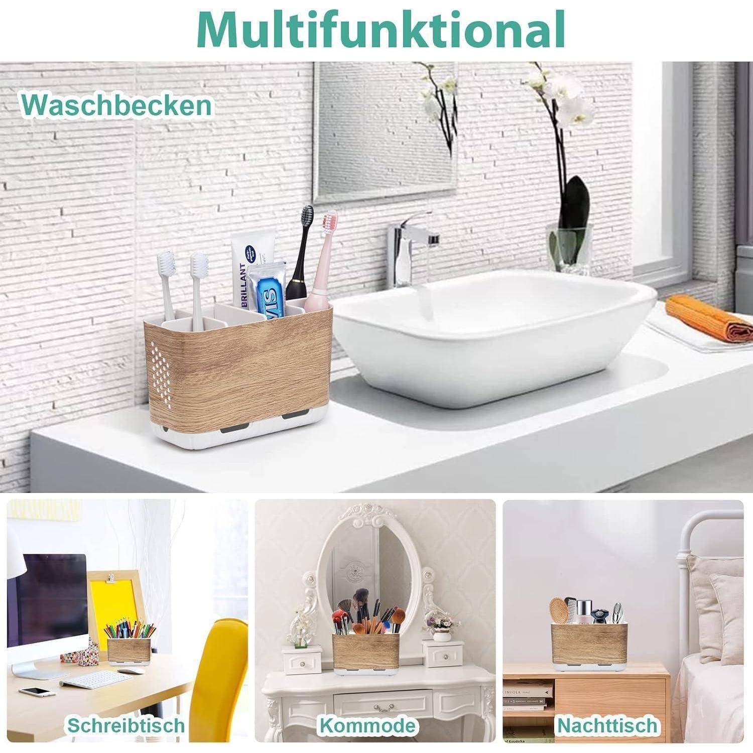 Collage zeigt einen multifunktionalen Waschbecken-Organizer, der auf einem Badezimmerwaschtisch und als Schreib-, Komoden- oder Nachttisch-Caddy verwendet wird.