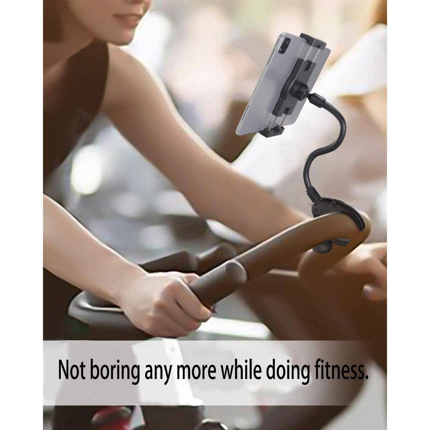 Frau nutzt ein Heimtrainer, während sie ein befestigtes Smartphone hält; der Text lautet "Beim Fitness-Training nicht mehr langweilig."