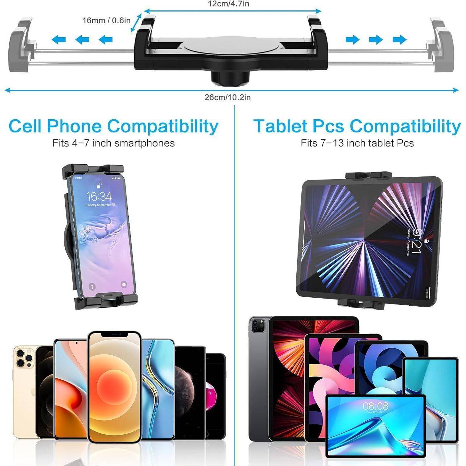 Verstellbare Auto-Kopfstützen-Tablet-/Telefonhalterung mit 26 cm Spannweite, passend für 4-7-Zoll-Telefone und 7-13-Zoll-Tablets.