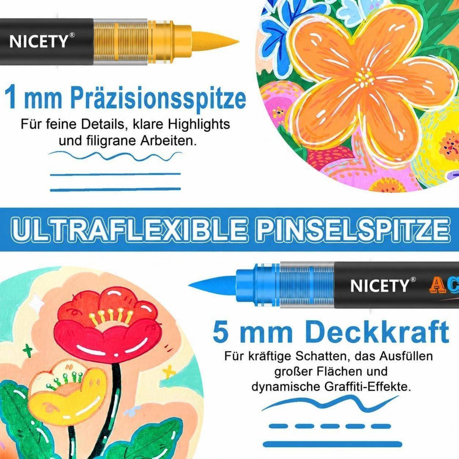 NICETY 264 Acrylstifte für Steine Wasserfest - Pinselspitze Acrylmarker für Steine, Holz, Stoff, Leinwand, Glas, Keramik, 1-6mm Multimarker Acrylfar