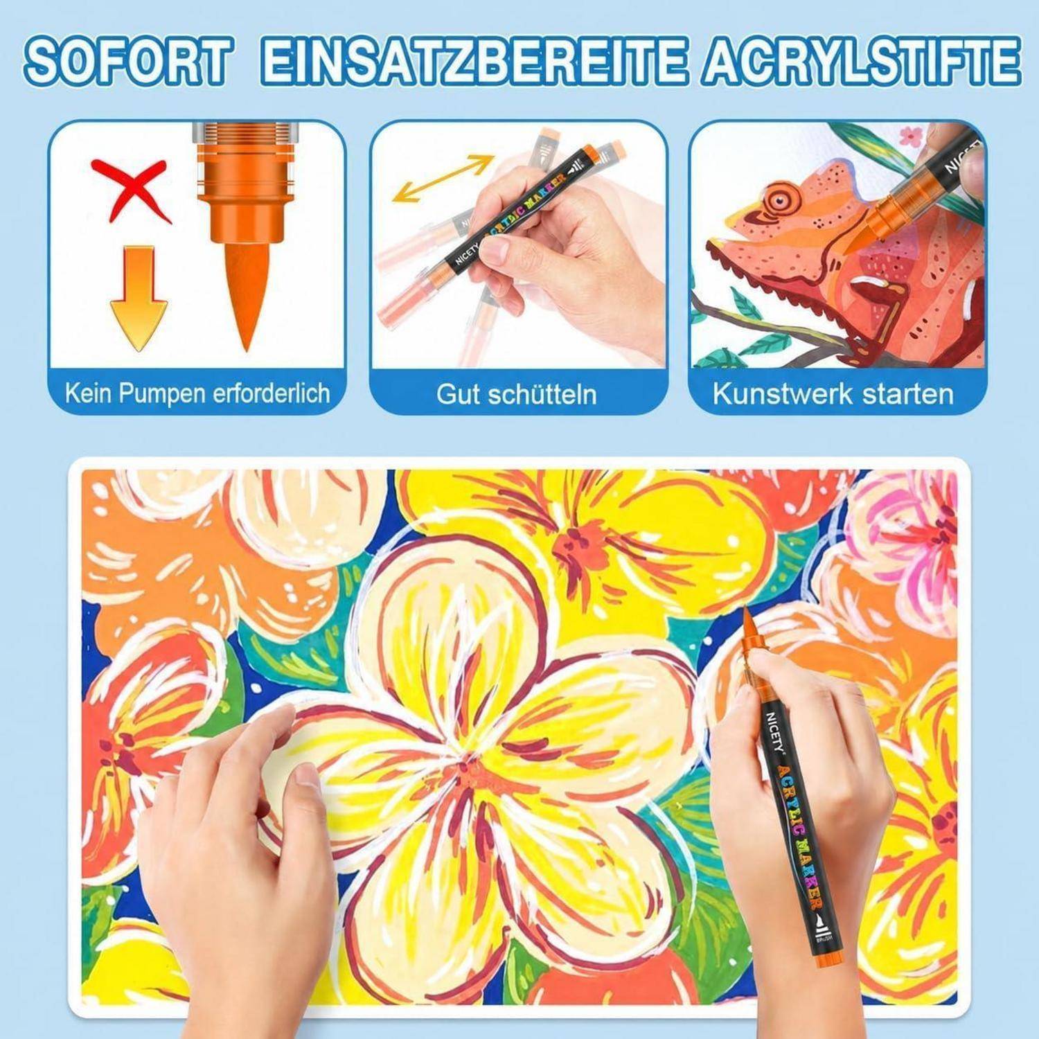 NICETY 264 Acrylstifte für Steine Wasserfest - Pinselspitze Acrylmarker für Steine, Holz, Stoff, Leinwand, Glas, Keramik, 1-6mm Multimarker Acrylfar