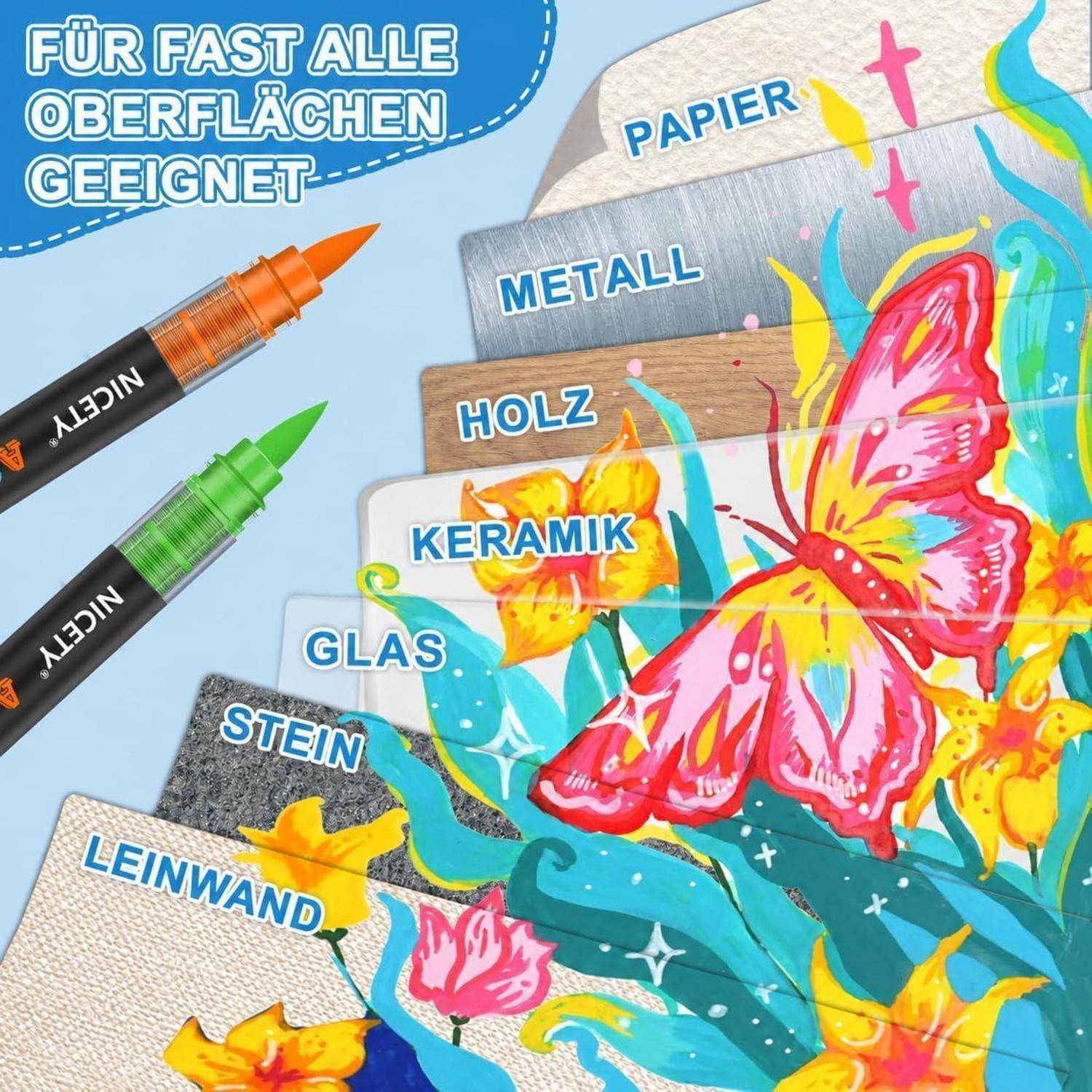 NICETY 264 Acrylstifte für Steine Wasserfest - Pinselspitze Acrylmarker für Steine, Holz, Stoff, Leinwand, Glas, Keramik, 1-6mm Multimarker Acrylfar