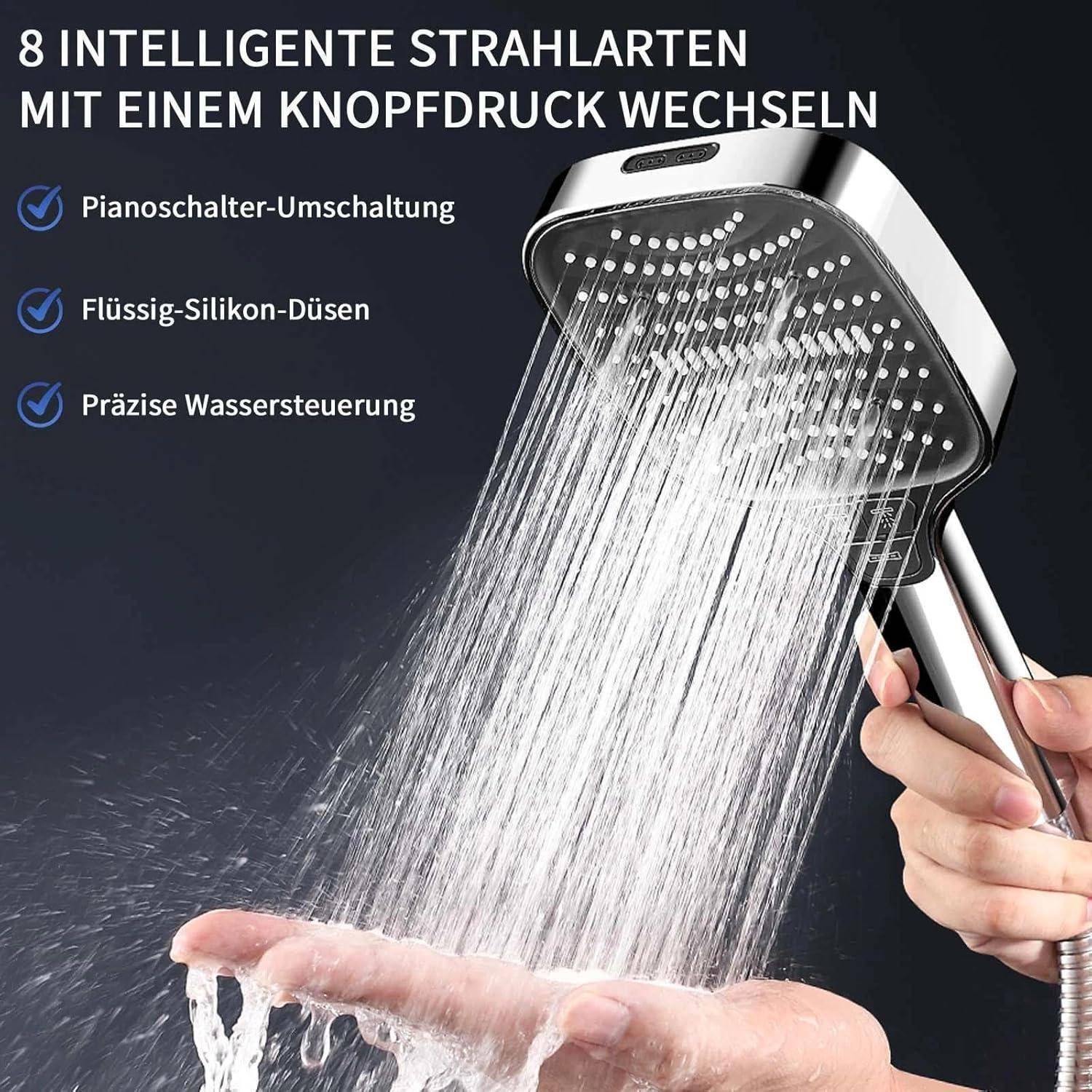 Handbrausen mit Wasserspray und Text, der Folgendes bewirbt: „8 intelligente Strahlarten mit einem Knopfdruck wechseln