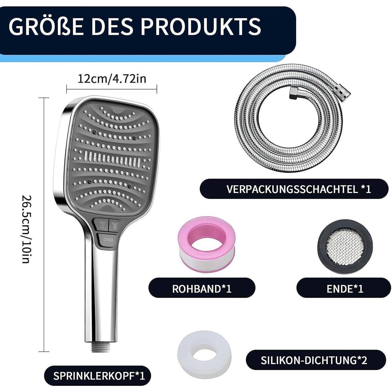 Produktgrößendiagramm mit einem tragbaren Duschkopf, 26,5 cm hoch und 12 cm breit, plus enthaltene Teile: Schlauch, Verpackungsbox, Rohband, Endkappe und 2 Silikonabdichtungen.