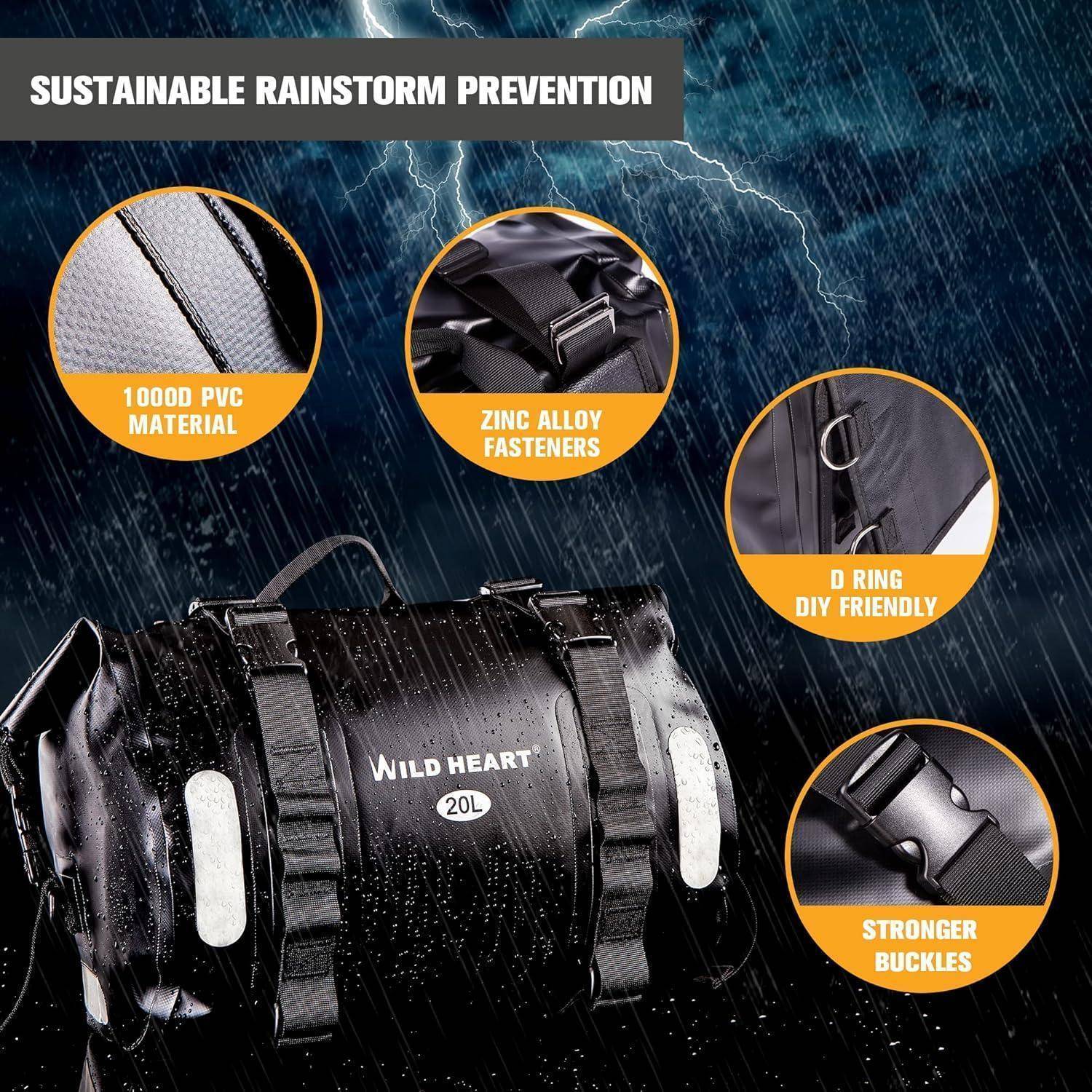 Wasserdichte schwarze zylindrische Zahnradtasche mit der Aufschrift "WILD HEART 20L"" mit Beschriftungen für 1000D-PVC-Material, Zinklegierungsverschlüsse, D-Ringe und verstärkte Schnallen.