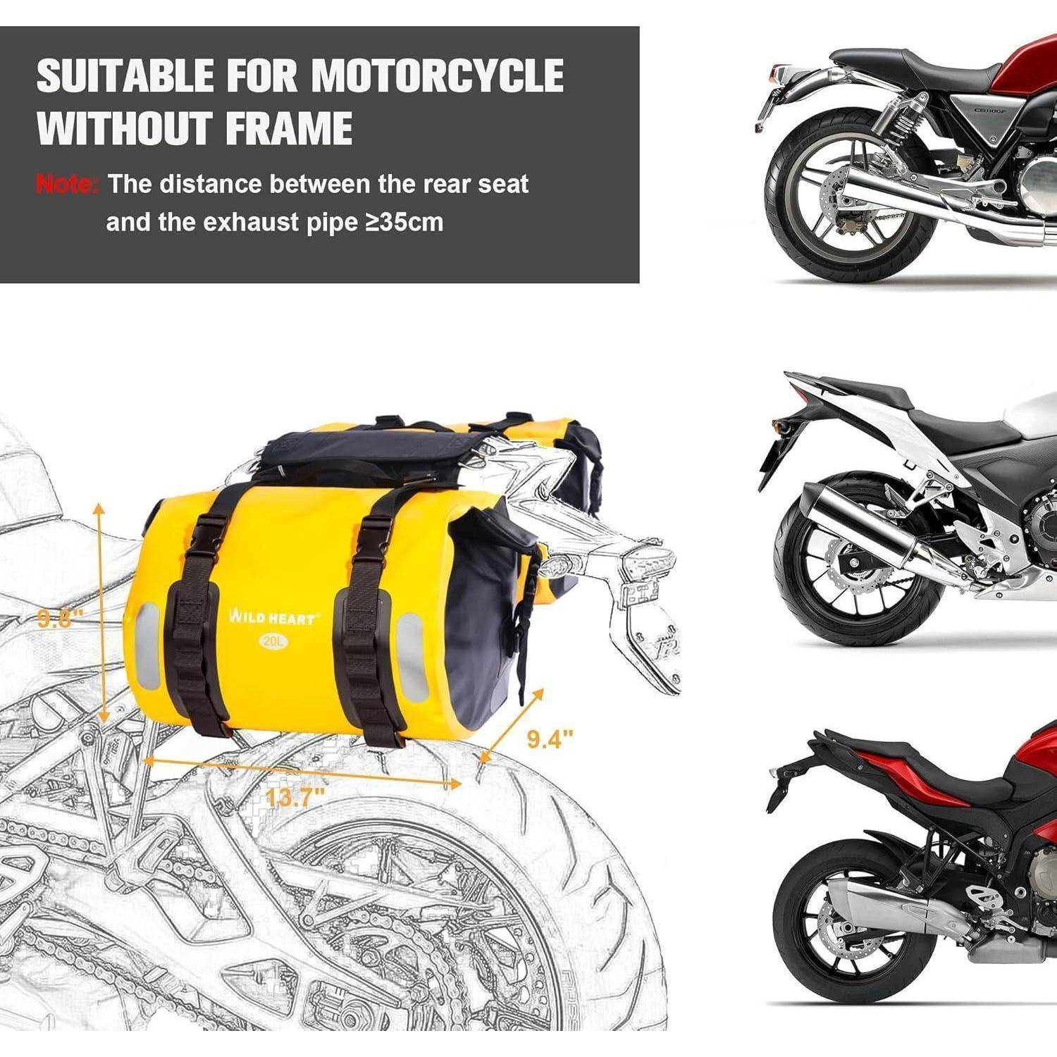 Motorrad-Hecktasche, die auf einem Motorrad ohne Rahmen montiert ist; die Notiz besagt, dass der Abstand von der hinteren Sitzfläche zum Auspuffrohr mindestens 35 cm betragen muss.