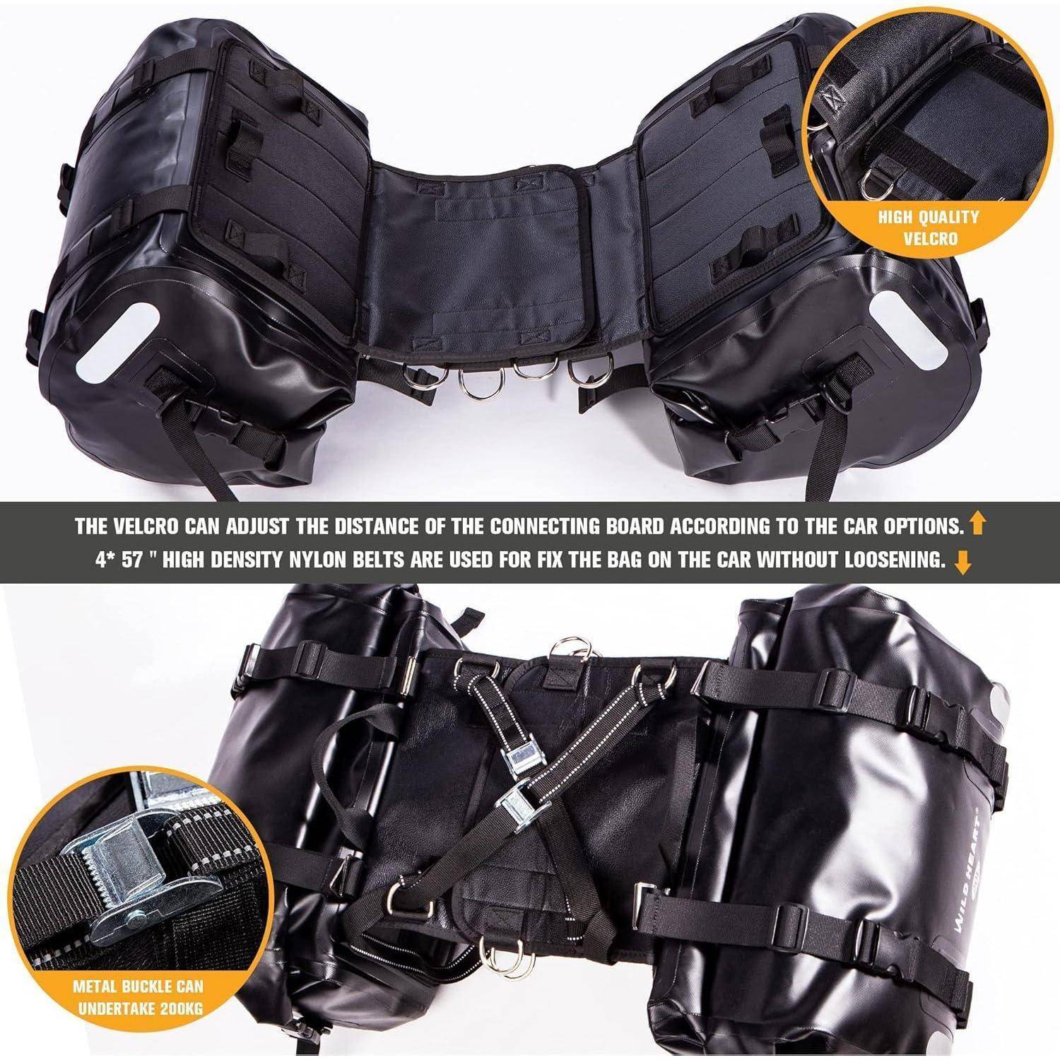 Schwarzes Doppel-Packtaschenset für Fahrräder mit verstellbarem Verbindungsriemen, Klettverschluss und Schnallen; die Vergrößerung zeigt hochwertigen Klettverschluss und Metallschnallenhalterung.