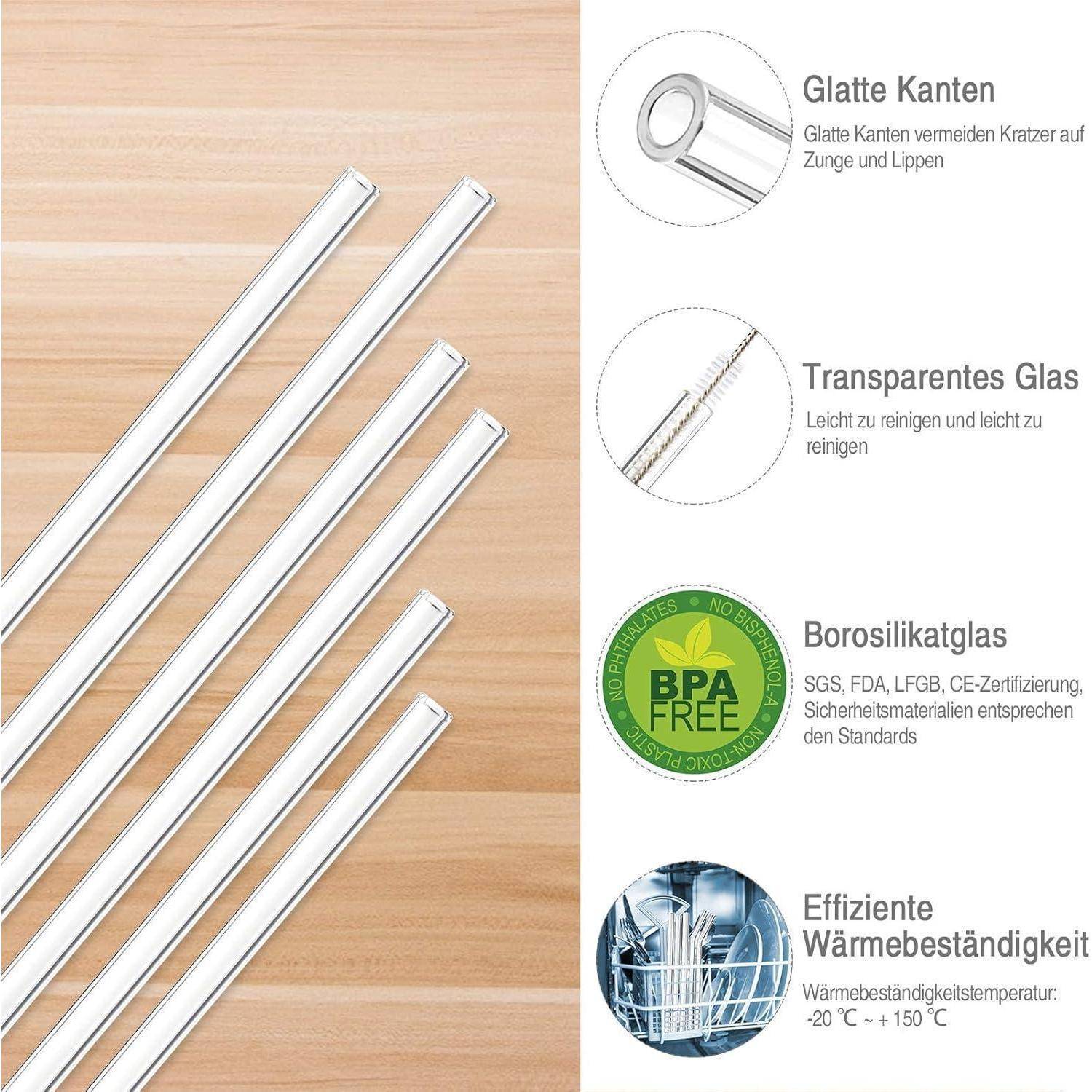 Produktbild von wiederverwendbaren Glastrinkhalmen mit deutschen Merkmalsbeschriftungen: glatte Kanten, transparentes Glas, Borosilikat, BPA-frei, hitzebeständig.