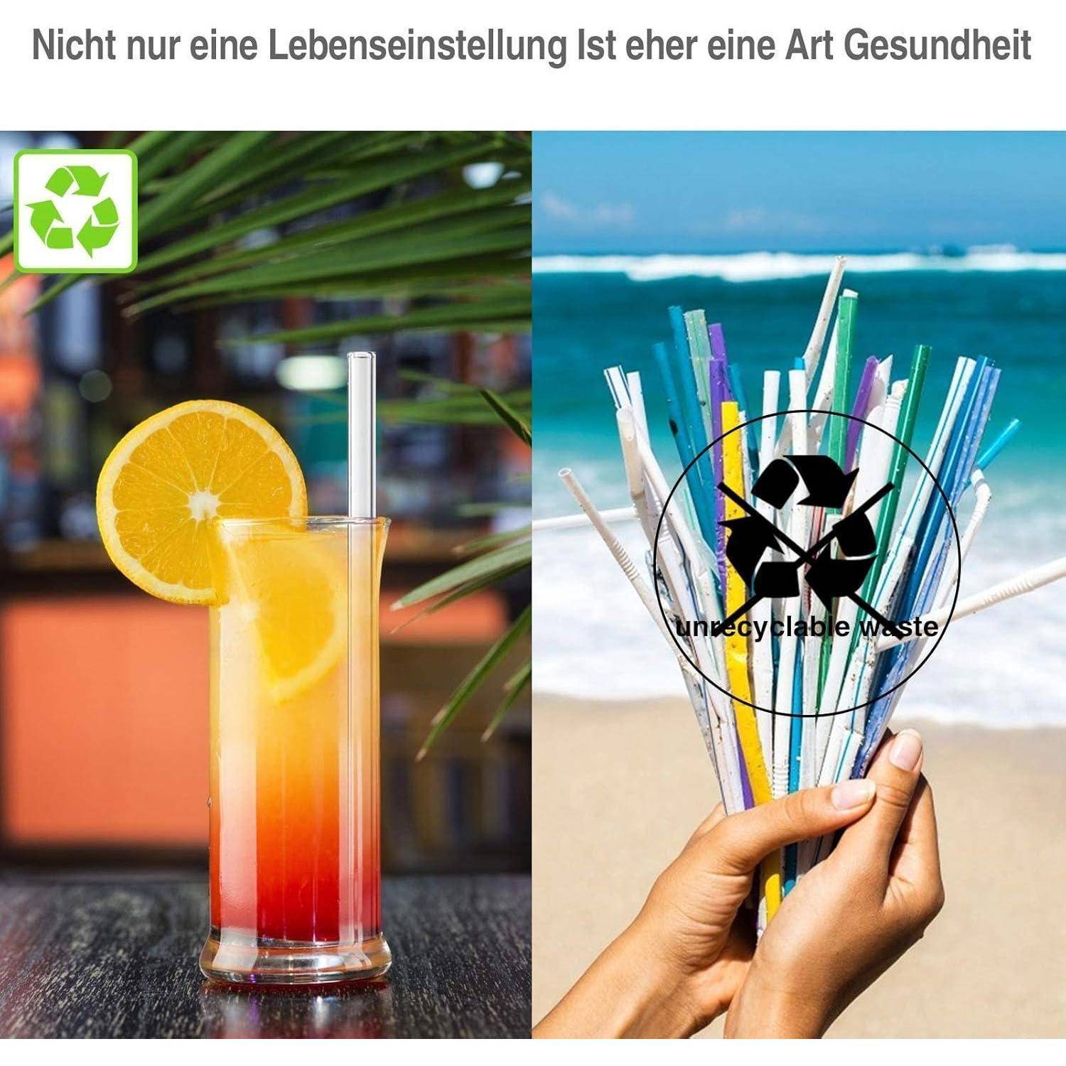 Geteiltes Bild, das umweltfreundliche und verschwenderische Entscheidungen kontrastiert: ein recyceltes Getränk mit Orangenscheibe auf der linken Seite und Hände, die einen Becher mit Plastikstrohhalmen mit der Aufschrift „nicht recycelbarer Müll
