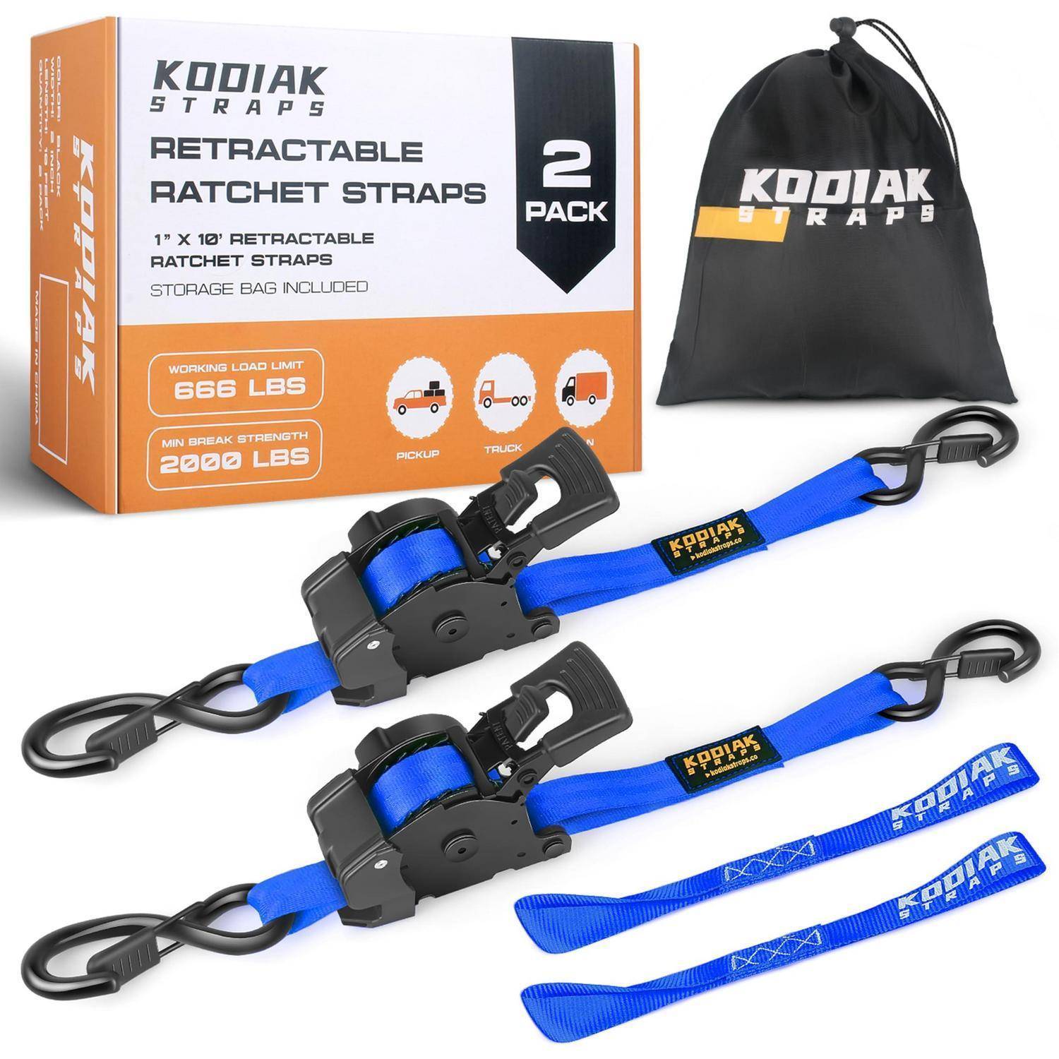 Kodiak Straps 2er-Pack mit ausziehbaren Ratschengurten mit Aufbewahrungstasche, gezeigt mit zwei blauen Gurten und Metallhaken in der Verpackung.