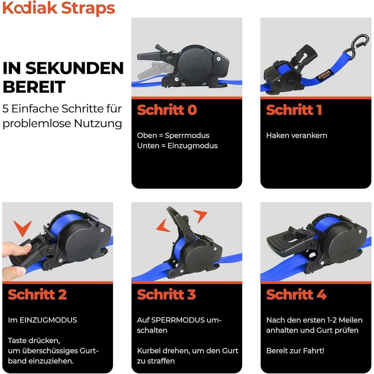 KODIAK STRAPS Automatik Spanngurte 25mm 3m mit S Haken | 800KG Selbstaufrollend Spanngurte mit Ratsche | Zurrgurte mit Ratsche für LKW Anhänger, Mot