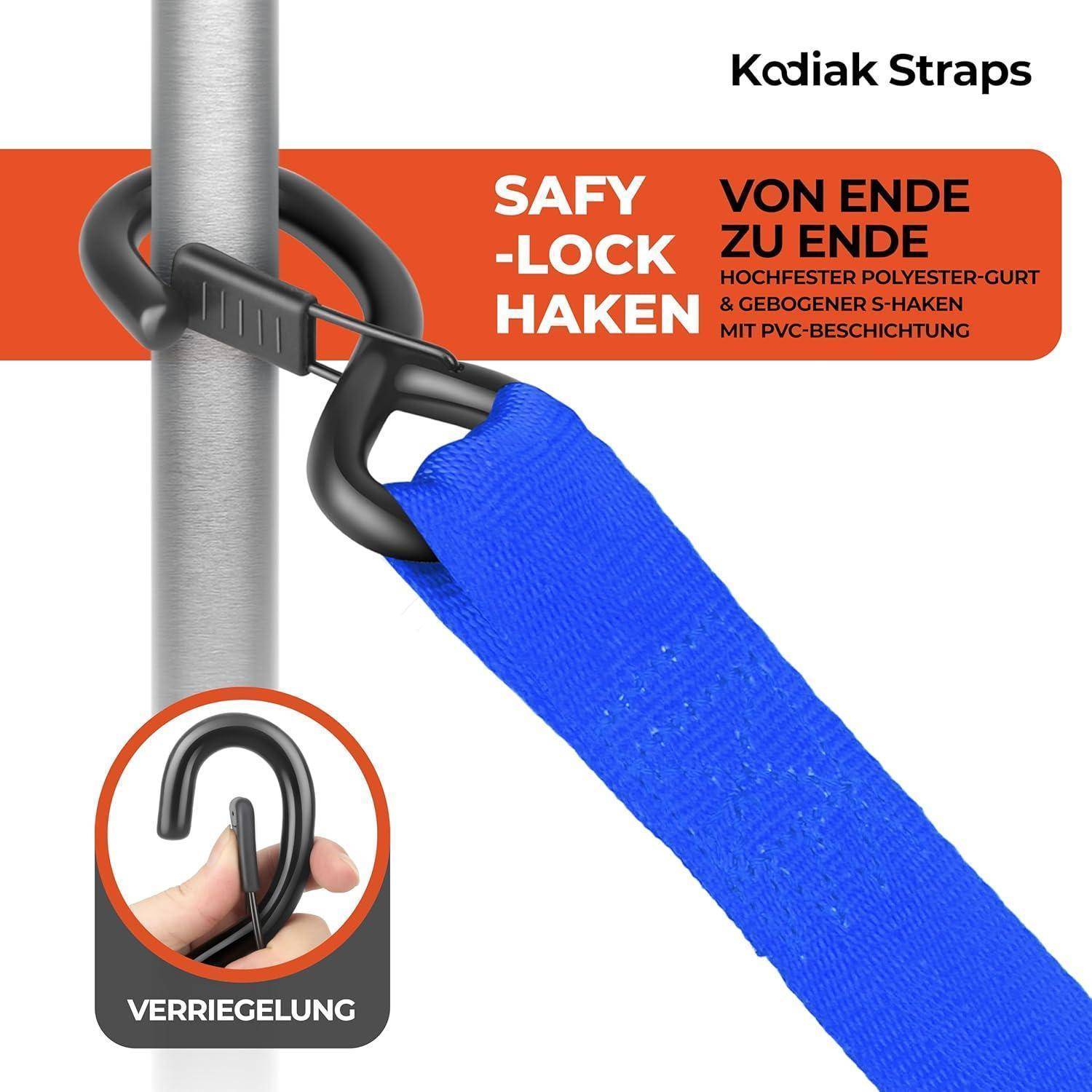 Kodiak Straps Sicherheitshaken mit Verriegelungsclip und blauem Riemen, befestigt an einem Metallstab; die Vergrößerung zeigt den Verriegelungsmechanismus.