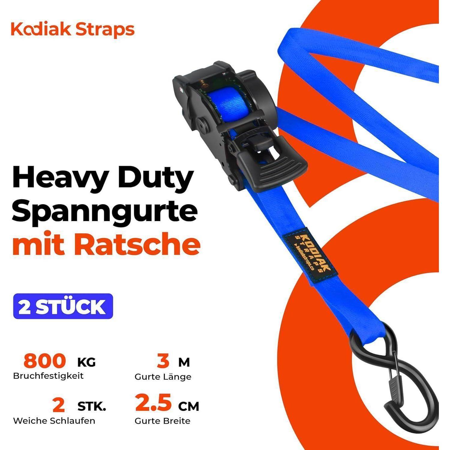 Kodiak Straps Schwerlast-Ratschengurt mit Zurröse, 800 kg Bruchfestigkeit, 3 m Länge, 2,5 cm breit, mit 2 Schlaufen, 2er-Set.
