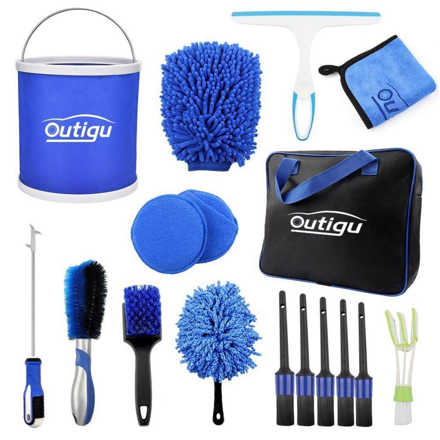 Autoreinigungs-Set mit blauem Eimer, Abzieher, Handschuhen, Bürsten, Mikrofasertüchern und Tragetasche mit der Bezeichnung 'Outigu'.