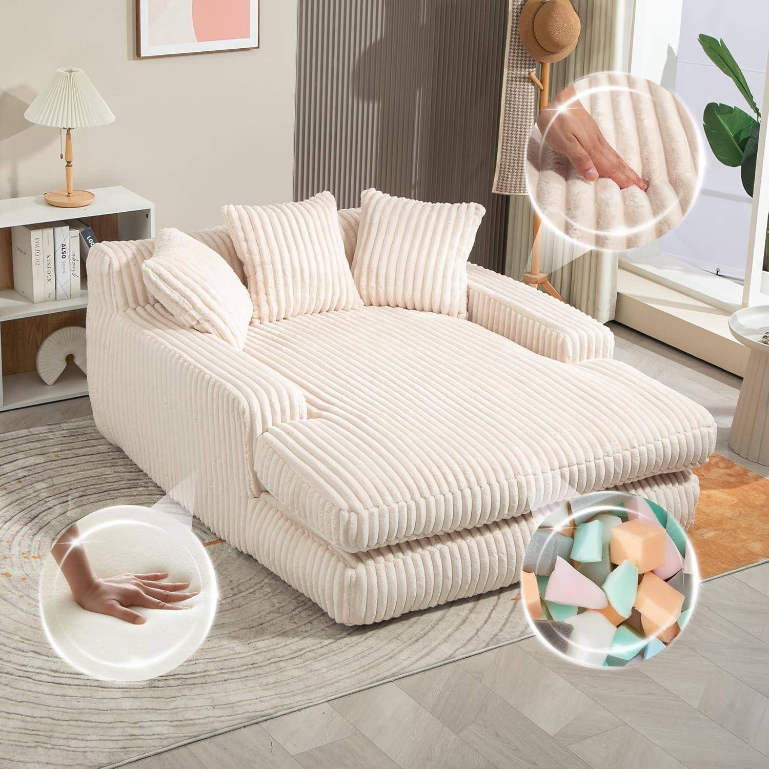 Cremefarbener Kordsamtstoff-Verwandlungssessel mit ausziehbarer Chaiselongue, gezeigt in einem hellen Wohnzimmer mit Nahaufnahmevergrößerungen, die weiches Gewebe, Polsterung und Schaumstoffpolsterung hervorheben.