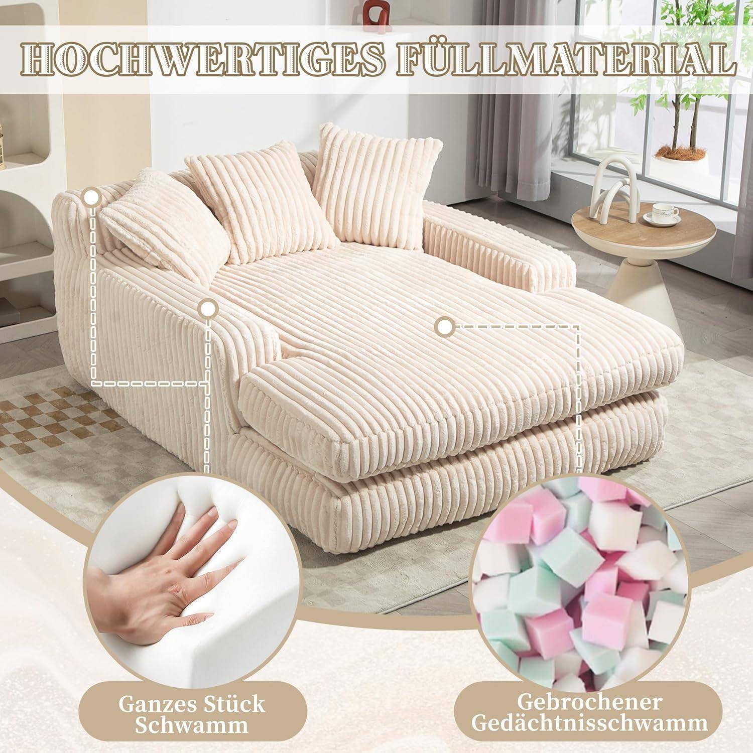 Cremefarbene gerippte Chaiselongue mit Kissen, gekennzeichnet mit „HOCHWERTIGES FULLMATERIAL