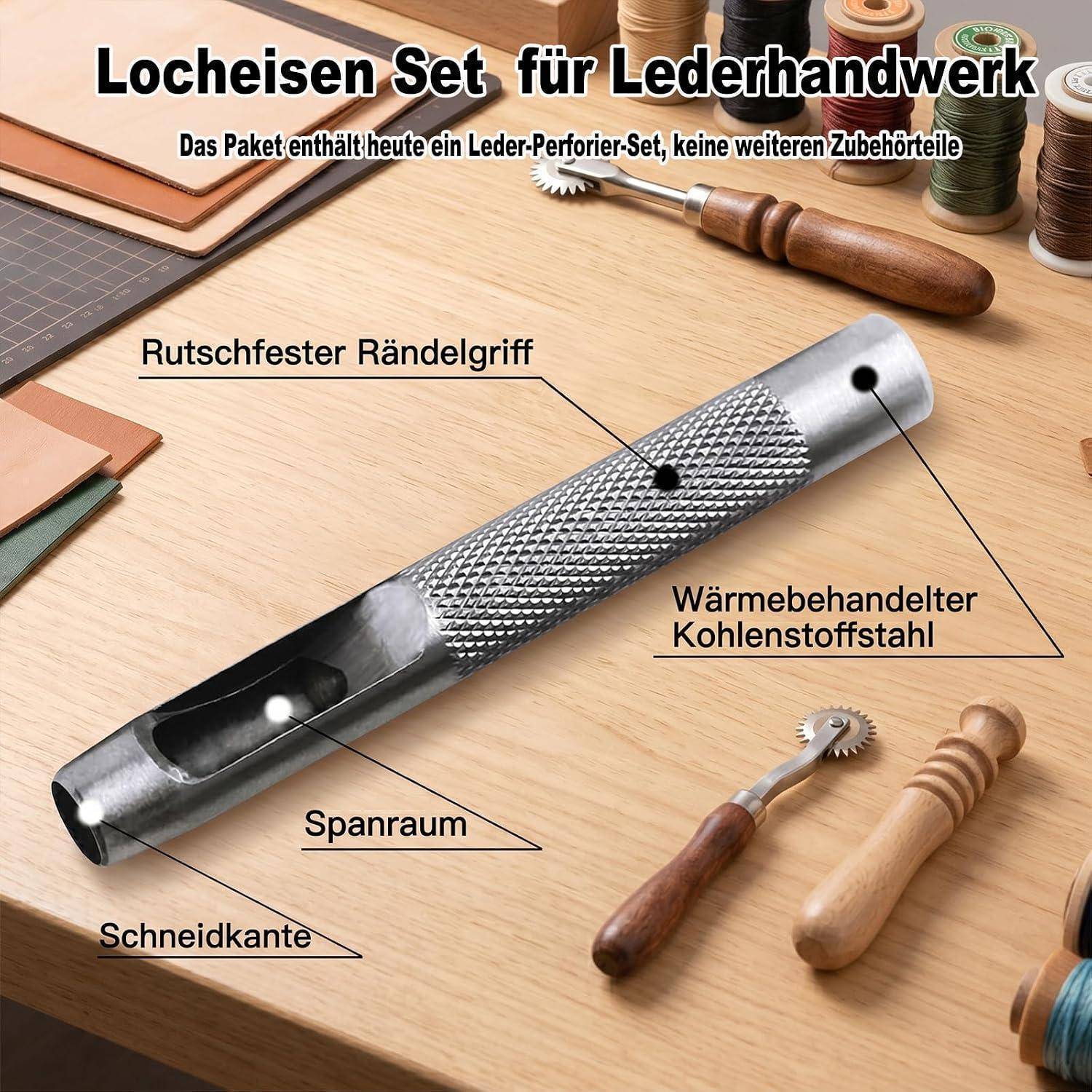 Kommentiertes Produktbild eines Lederstanzwerkzeugsatzes, das ein Metalllederstanzwerkzeug mit Beschriftungen für rutschfesten Griff, Spanraum, Schneidkante und wärmebehandeltem Kohlenstoffstahl zeigt.