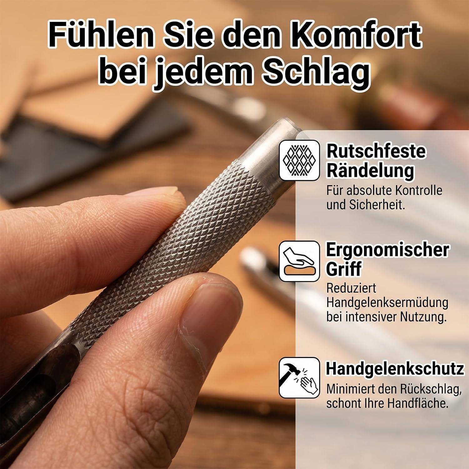 Hand hält einen strukturierten Metallwerkzeuggriff; Deutsche Anzeige hebt rutschfesten Griff, ergonomisches Design und Handgelenkschutz für sicherere Verwendung hervor.