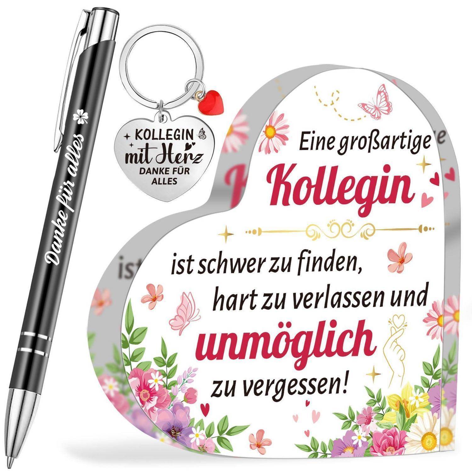 Geschenkset mit Stift und Herzanhänger für Schlüsselbund; deutscher Text sagt „Eine großartige Kollegin ist schwer zu finden, hart zu verlassen und unmöglich zu vergessen!
