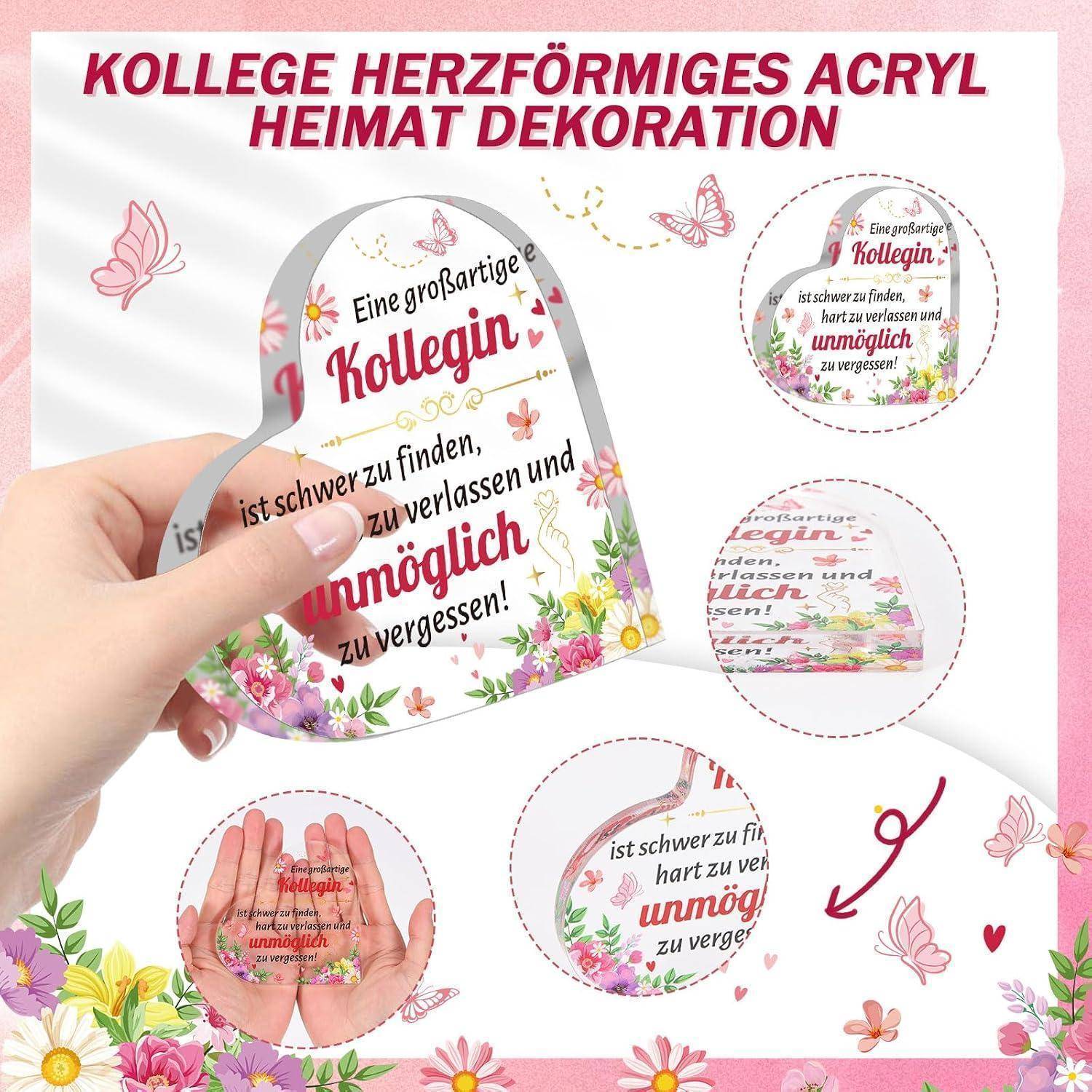 Herzförmige Acryl-Heimdeko für einen Kollegen, in einer Hand gehalten, mit deutschem Text und Blumen-Schmetterlingsdesign; Detailansichten zeigen das Produkt aus verschiedenen Winkeln.